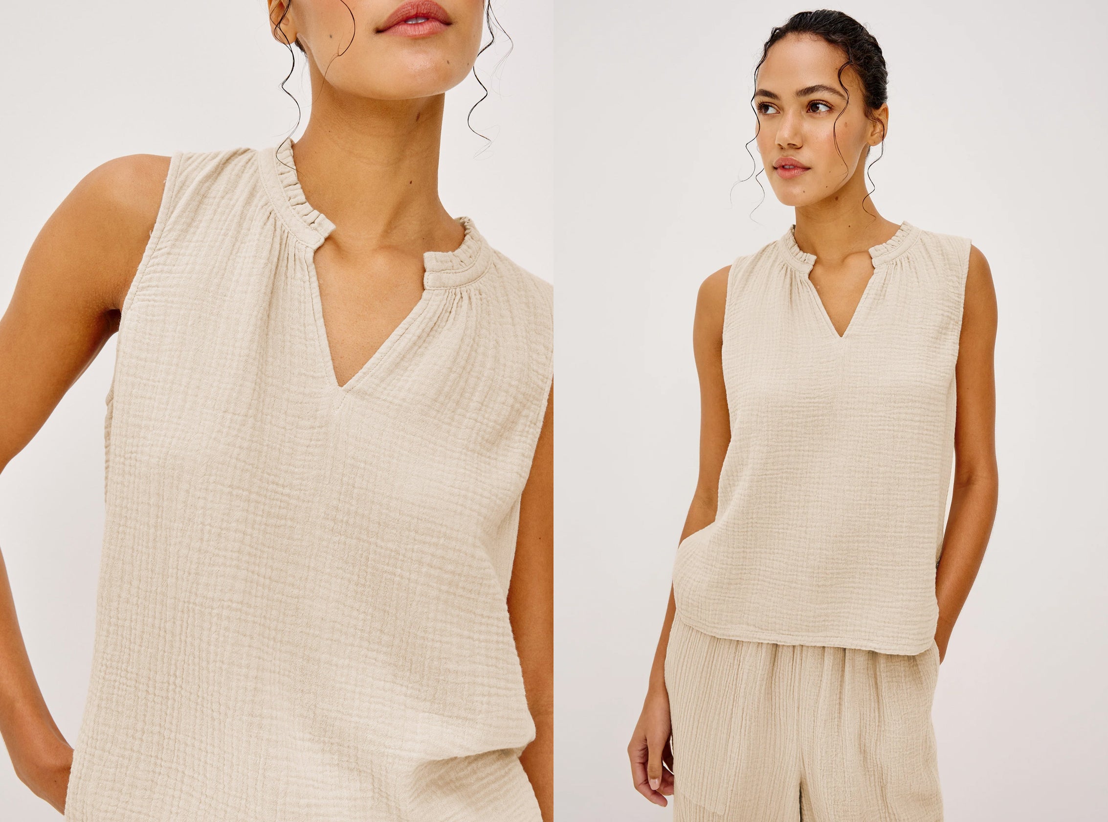 Woman wearing a beige gauze set against a white background