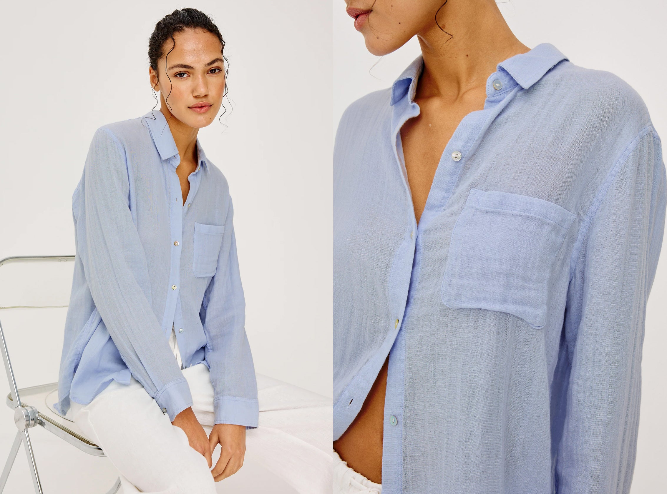 Light blue button-up shirt worn by a model on a white background