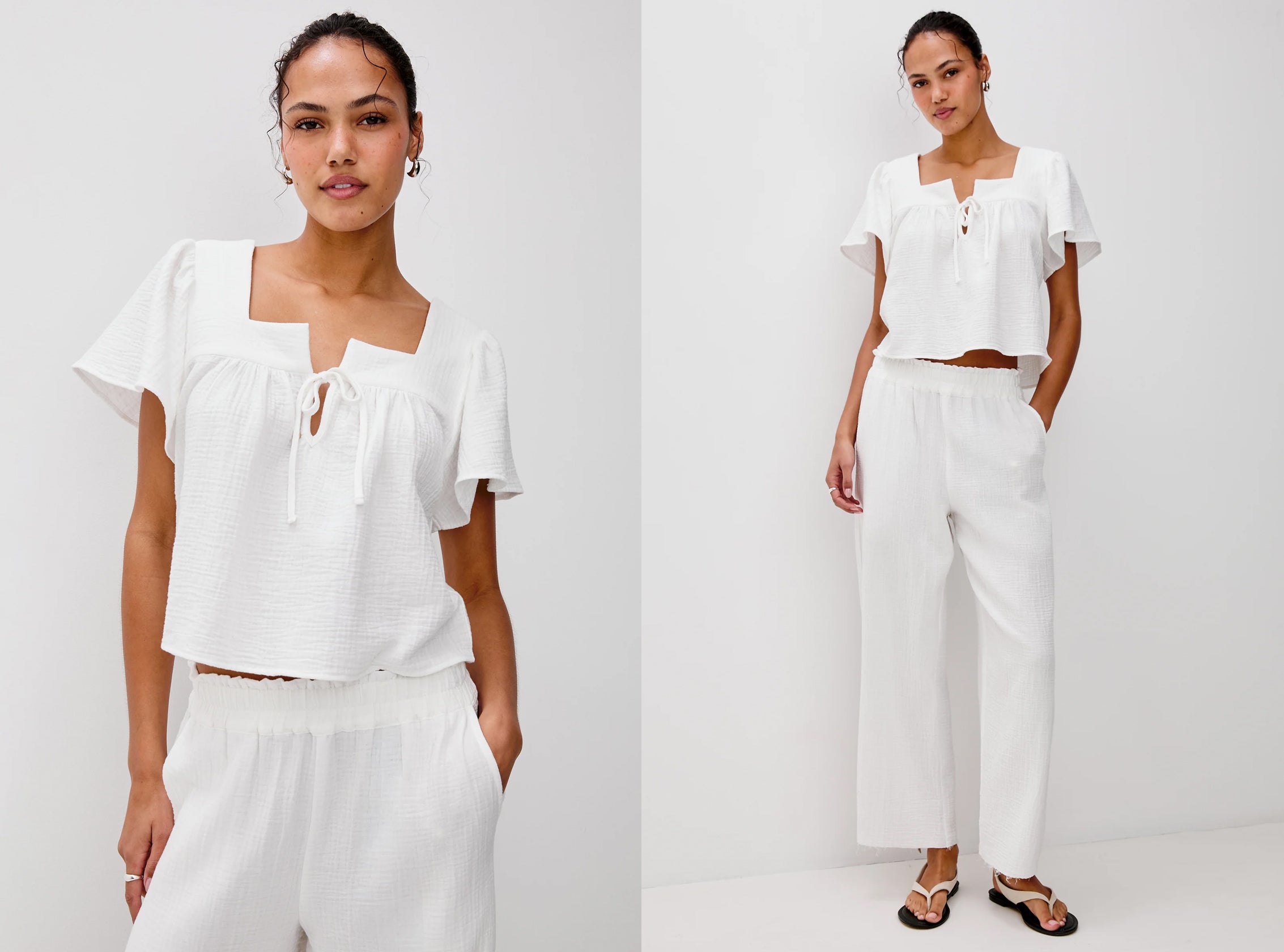 Woman wearing a white outfit on a plain background