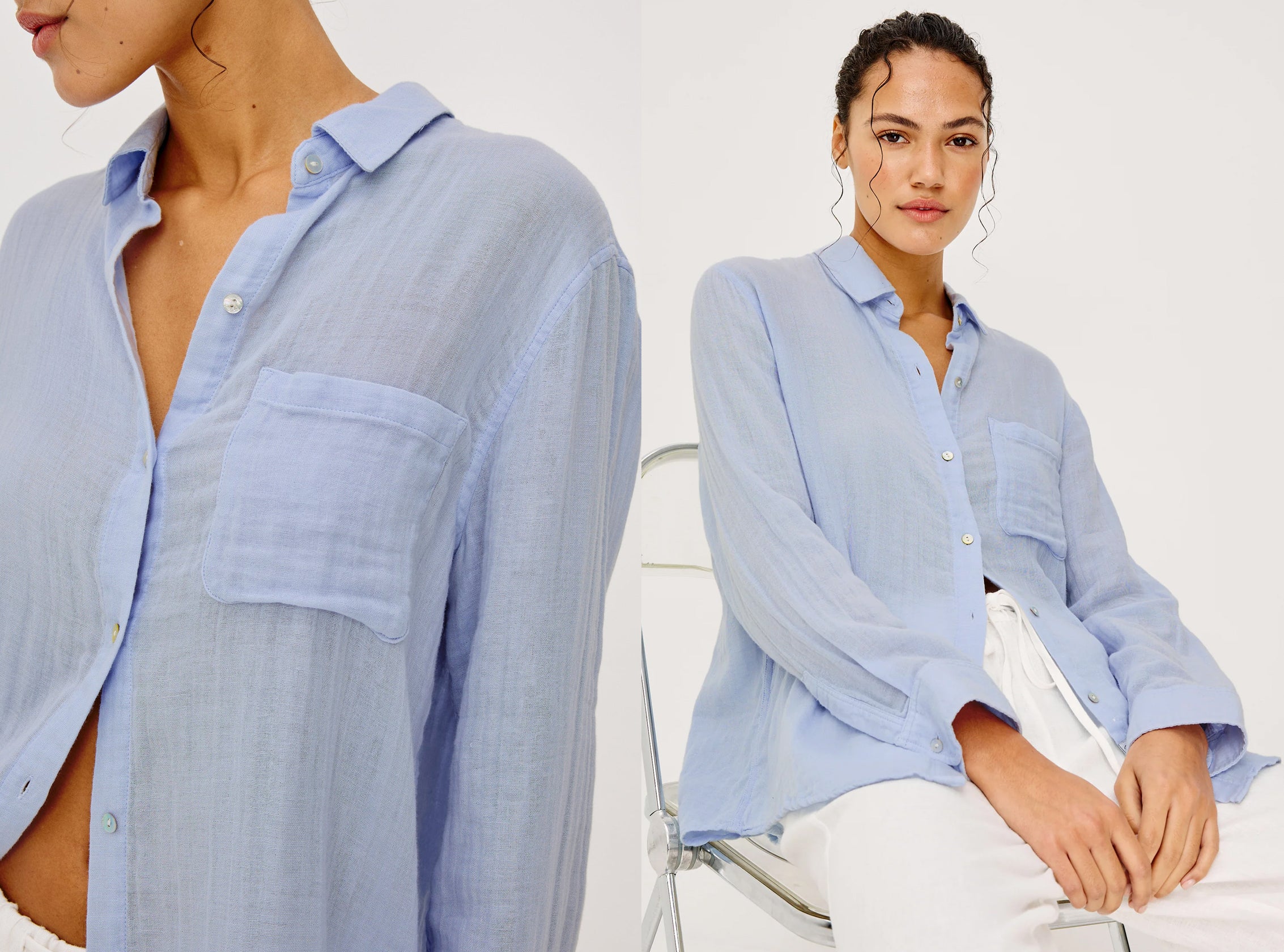Woman wearing a light blue shirt sitting on a white chair against a white background