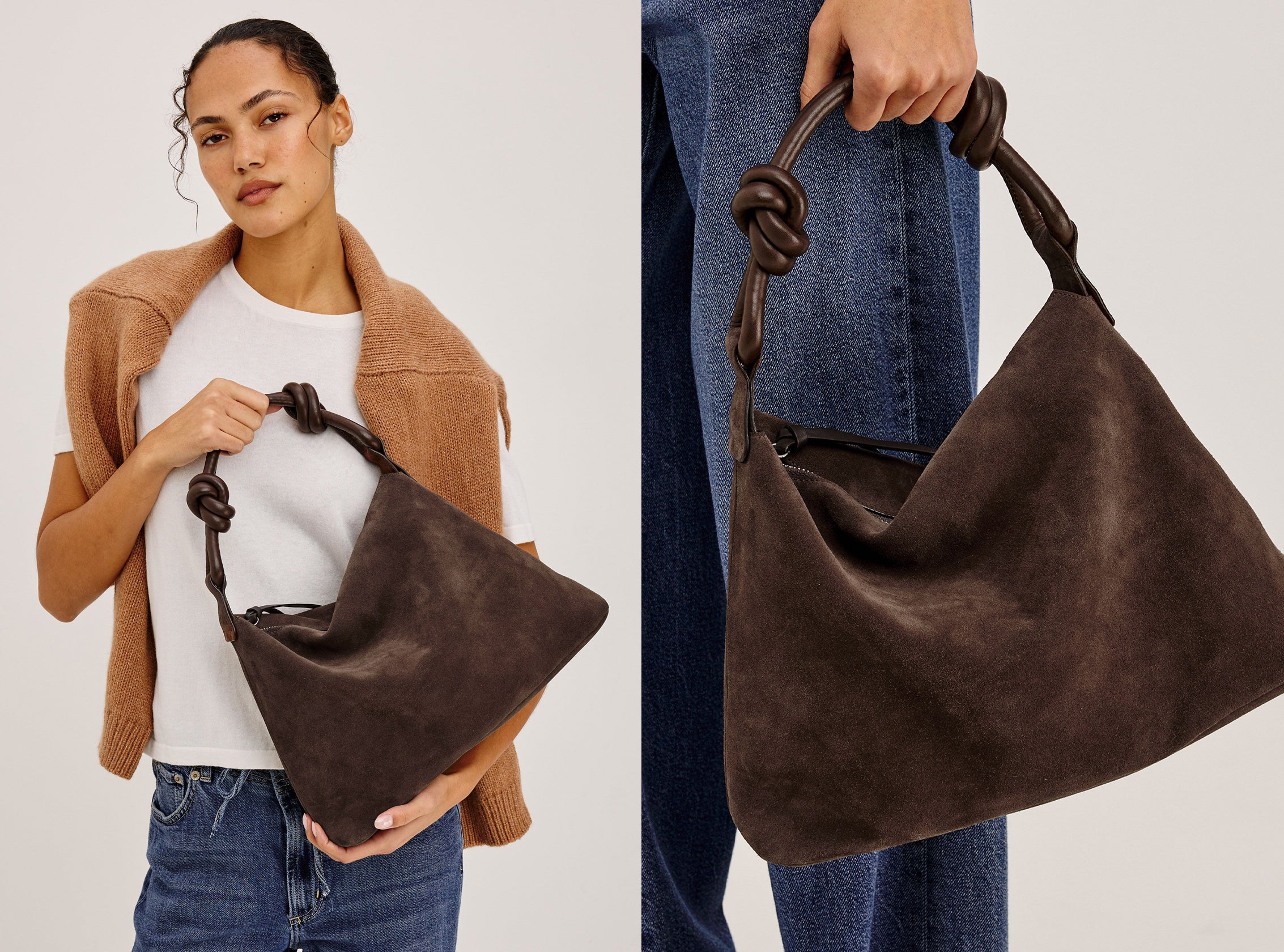 A dark brown suede hobo bag with knotted handles, shown on a model wearing a tan cardigan, white t-shirt, and blue jeans, alongside a close-up of the bag being held.