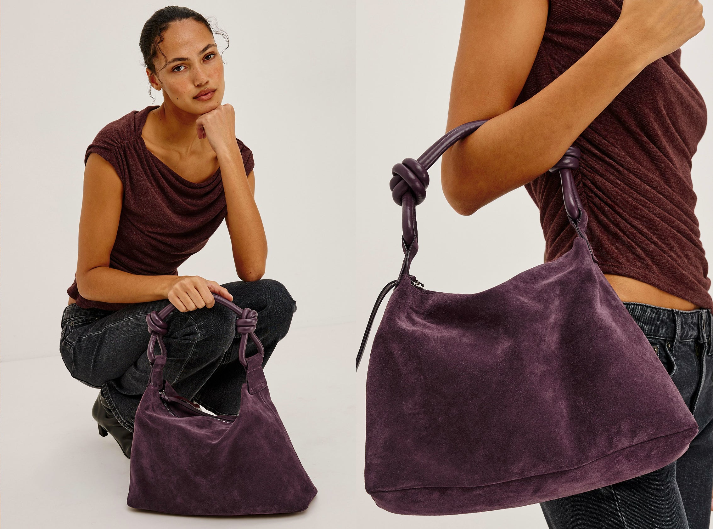A woman models a large, deep purple suede hobo bag with knotted handles in a studio setting, shown in both a full-body pose and a close-up of the bag.