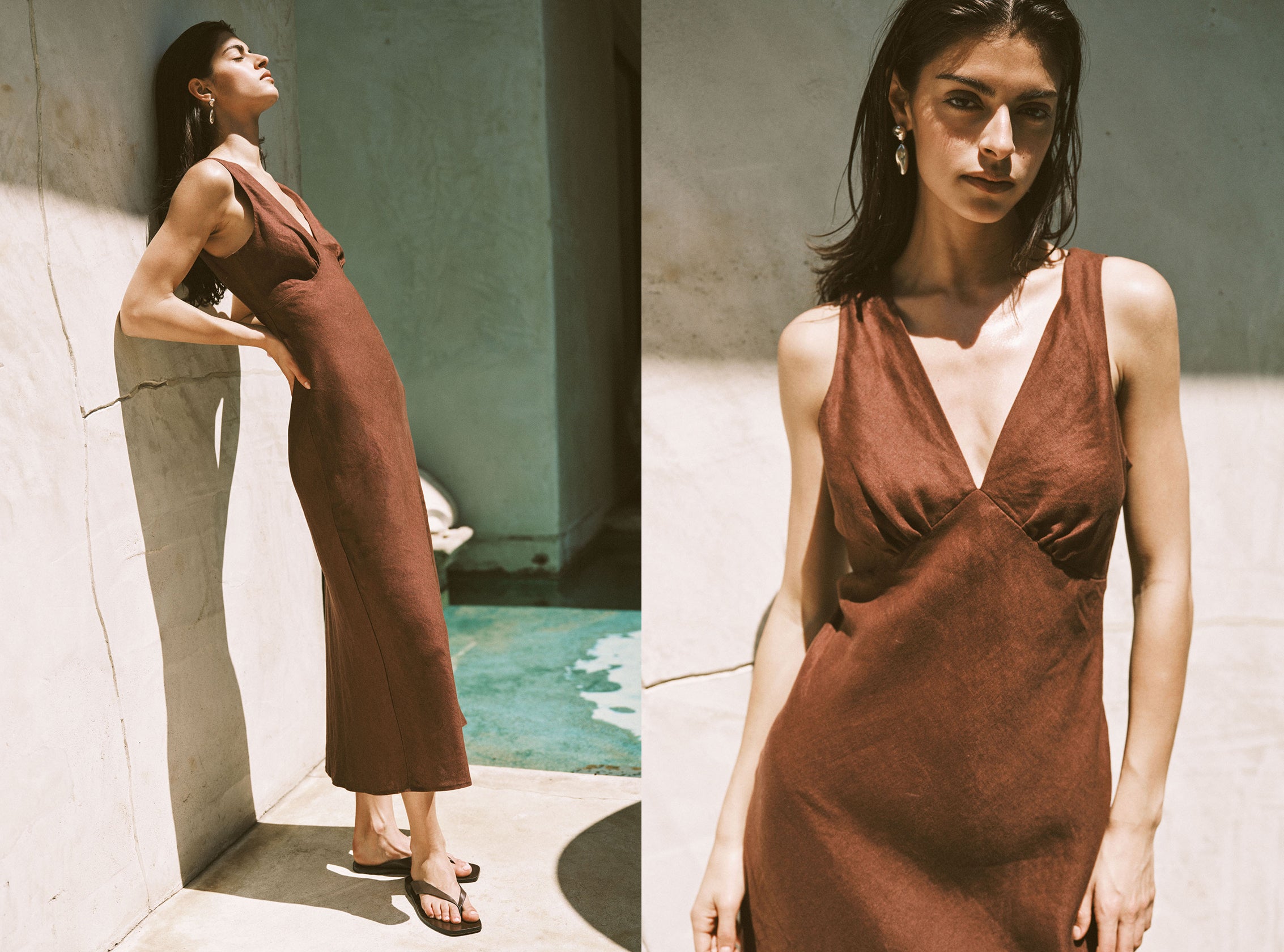 Woman wearing a rust-colored dress standing by a poolside.