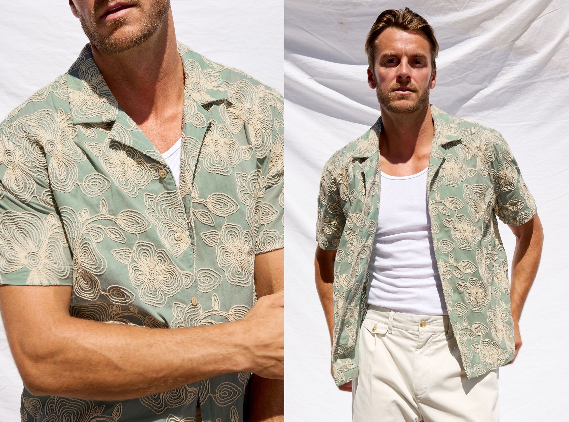 Man wearing a patterned shirt over a white t-shirt with light-colored pants against a white background