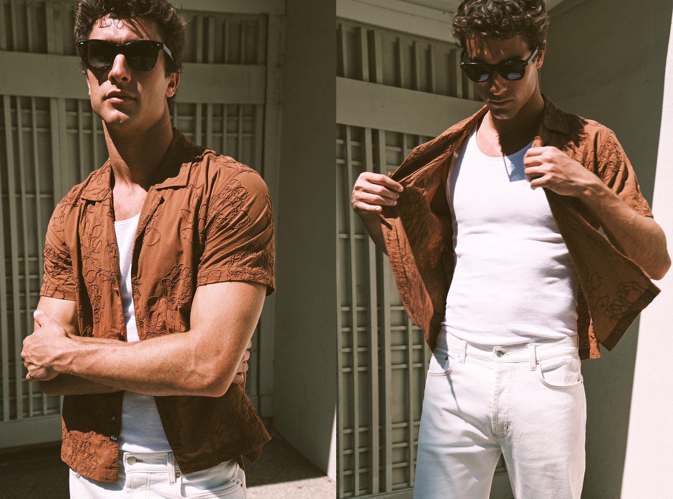 Man wearing a brown button down shirt with a white tank and white pants
