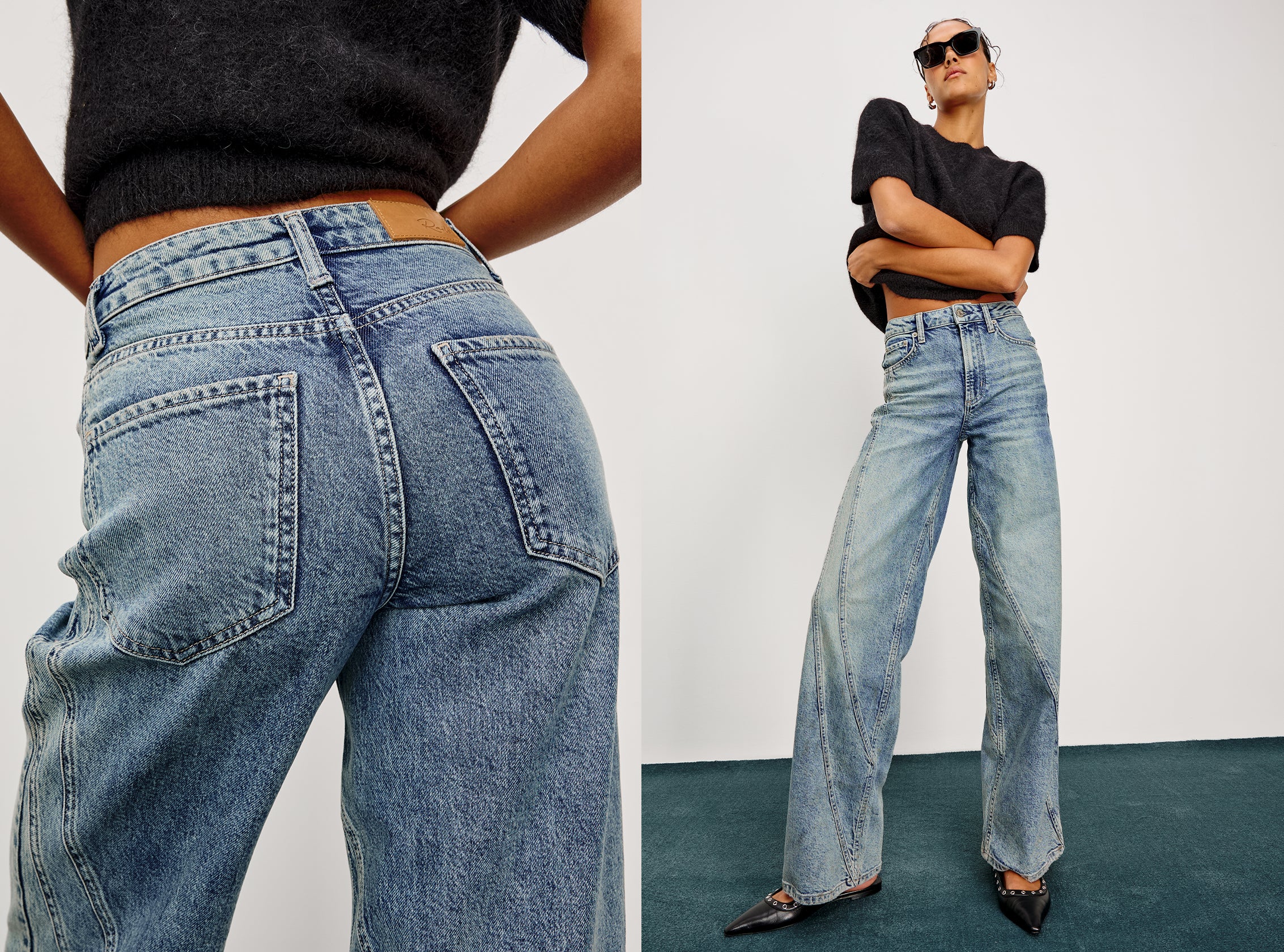 Person wearing blue jeans with a plain background