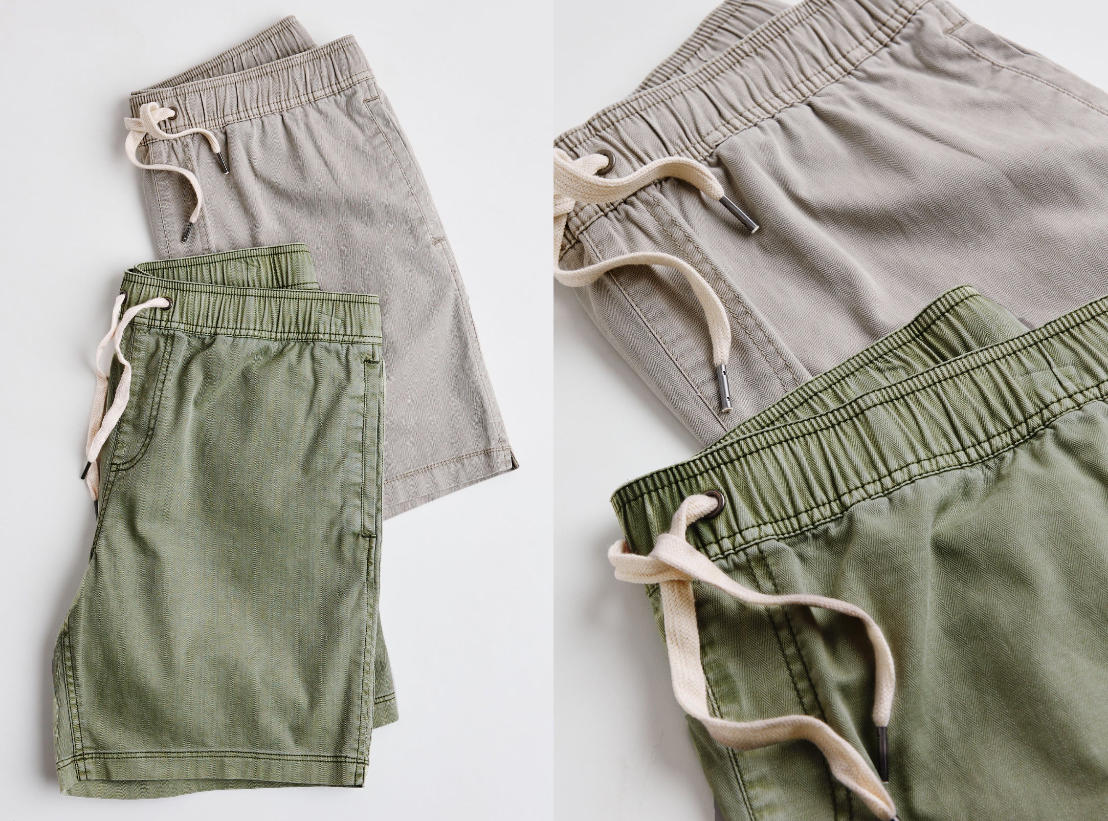Two pairs of shorts, one green and one gray, on a white background.