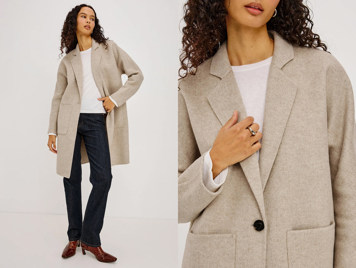 A model wears a light beige wool-blend blazer over a white top and dark jeans, shown in a full-body view on the left and a close-up of the blazer on the right, against a clean white studio background.