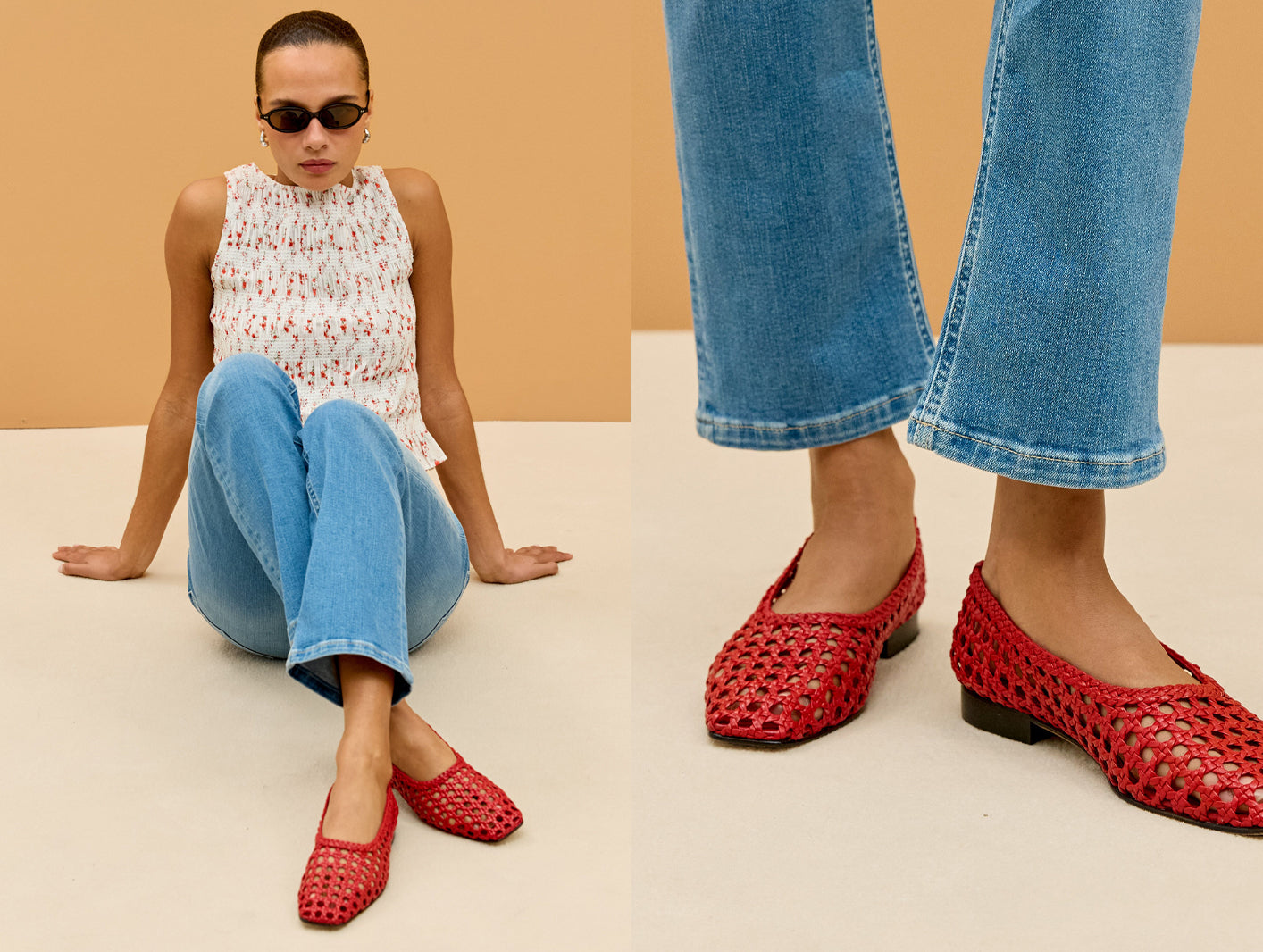 Woman in a floral blouse, blue jeans, and red flats 