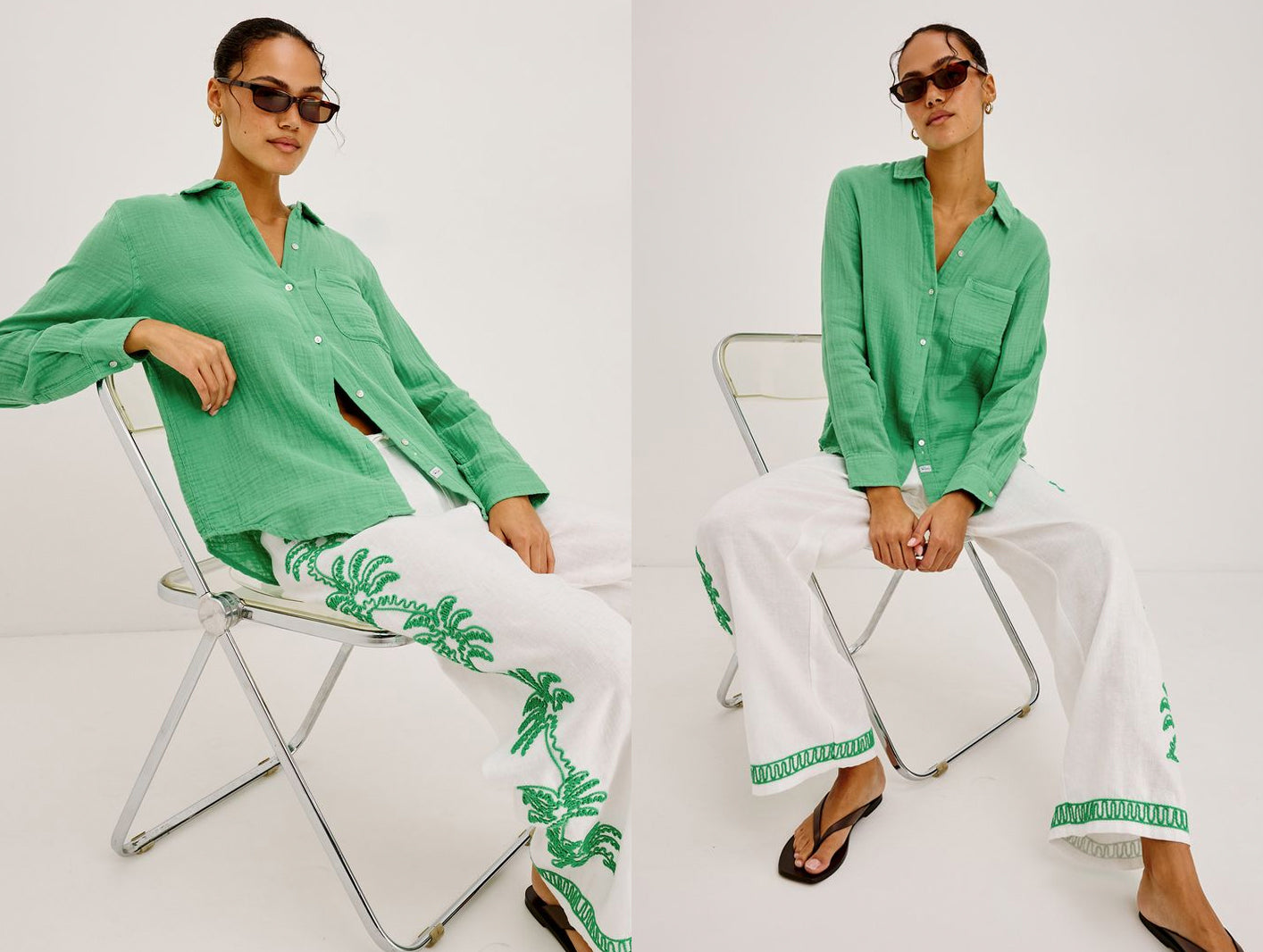 Woman wearing a green gauze top with white pants with green embroidery 
