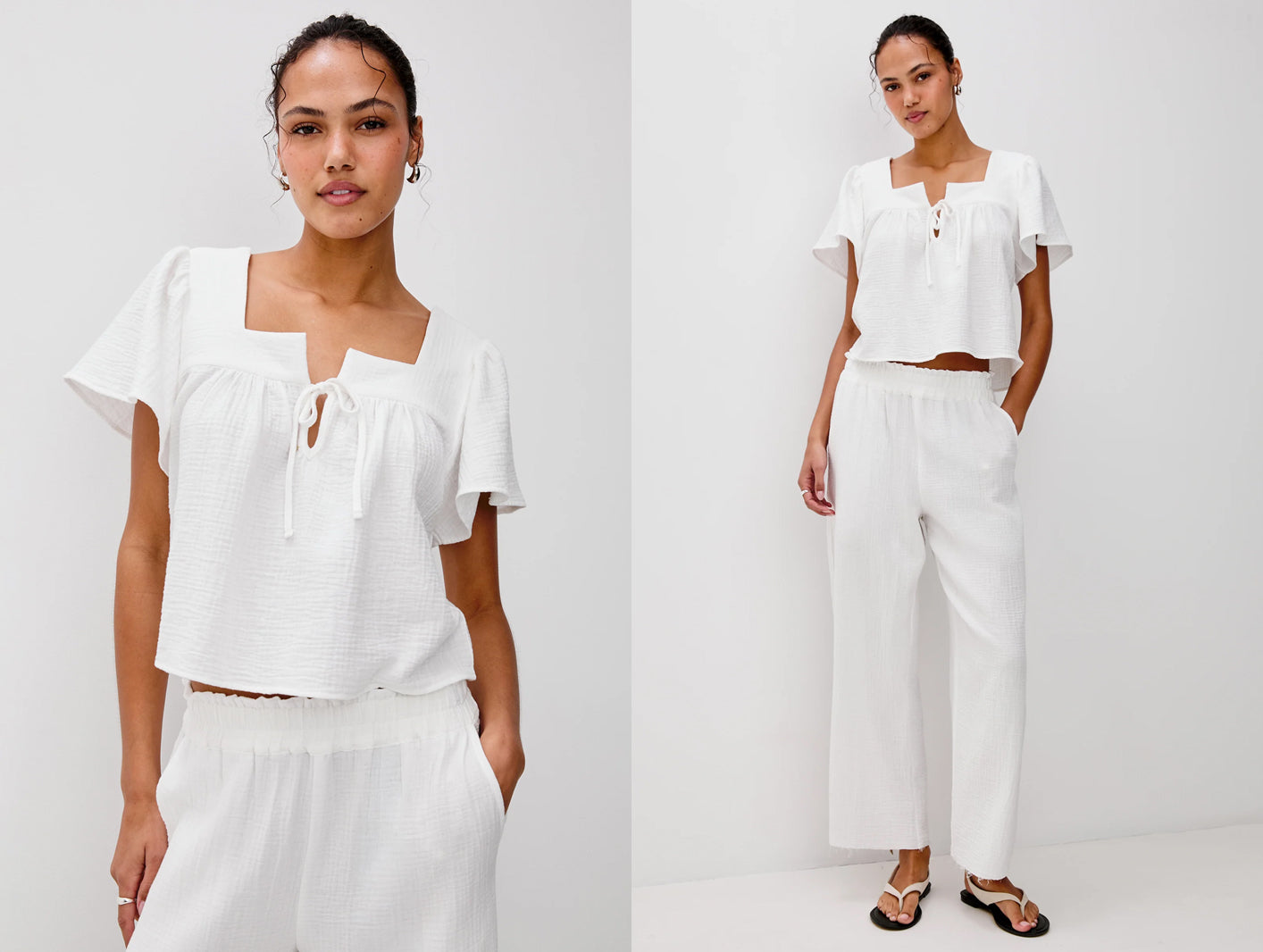 Woman wearing a white outfit on a plain background