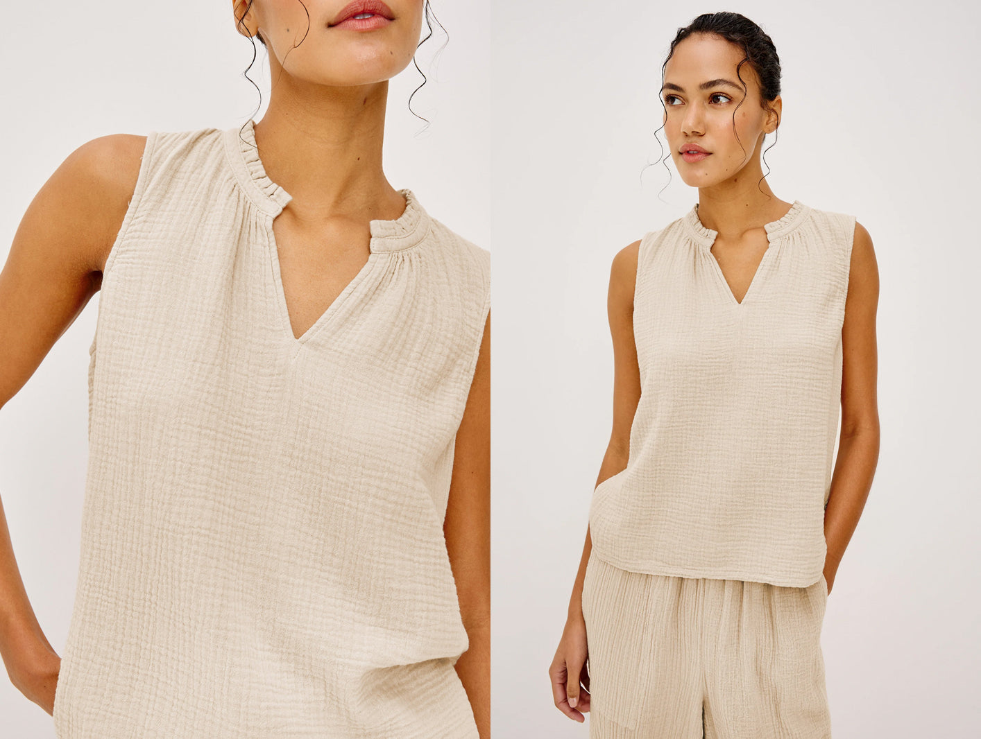 Woman wearing a beige gauze set against a white background