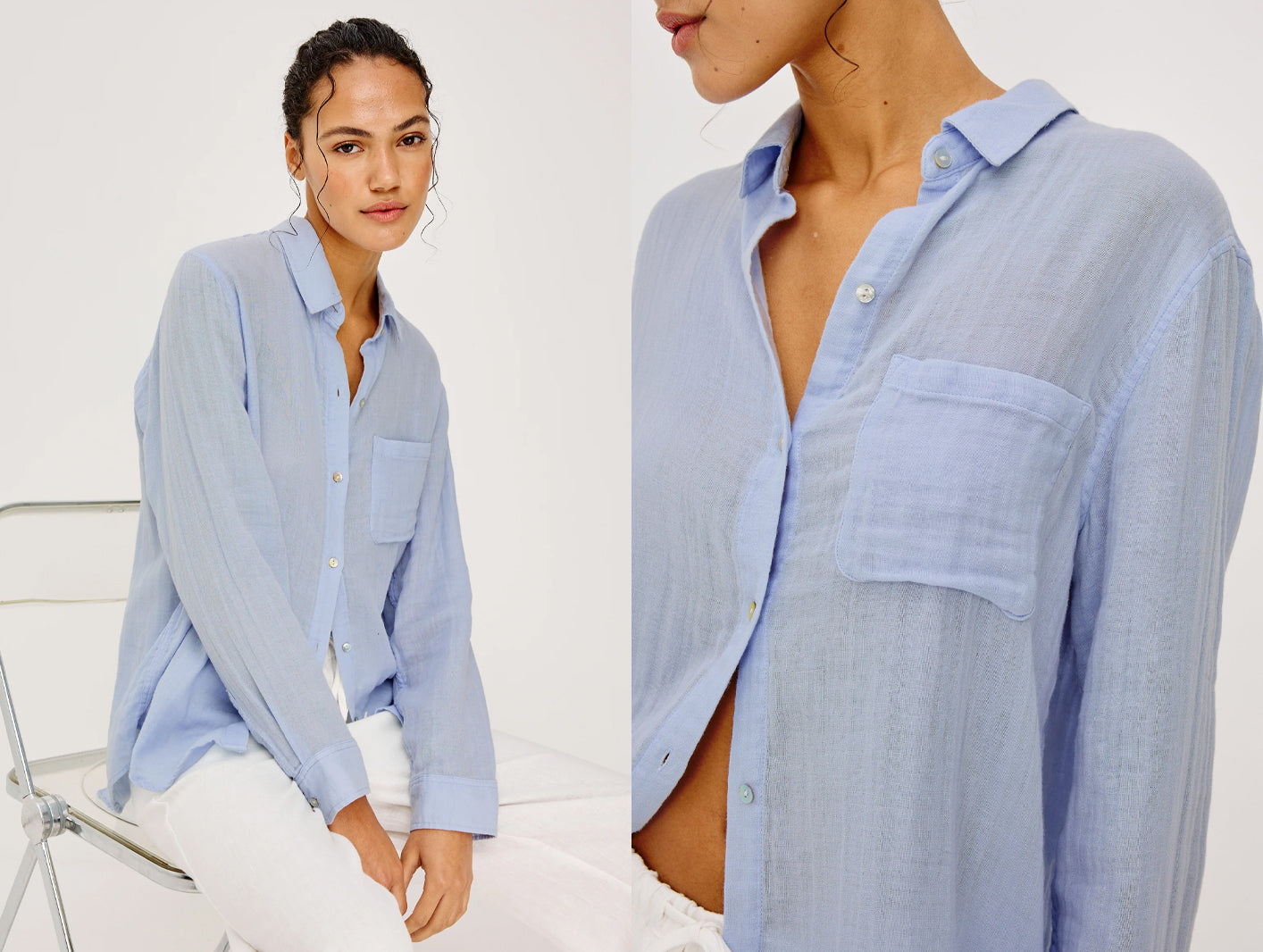 Light blue button-up shirt worn by a model on a white background