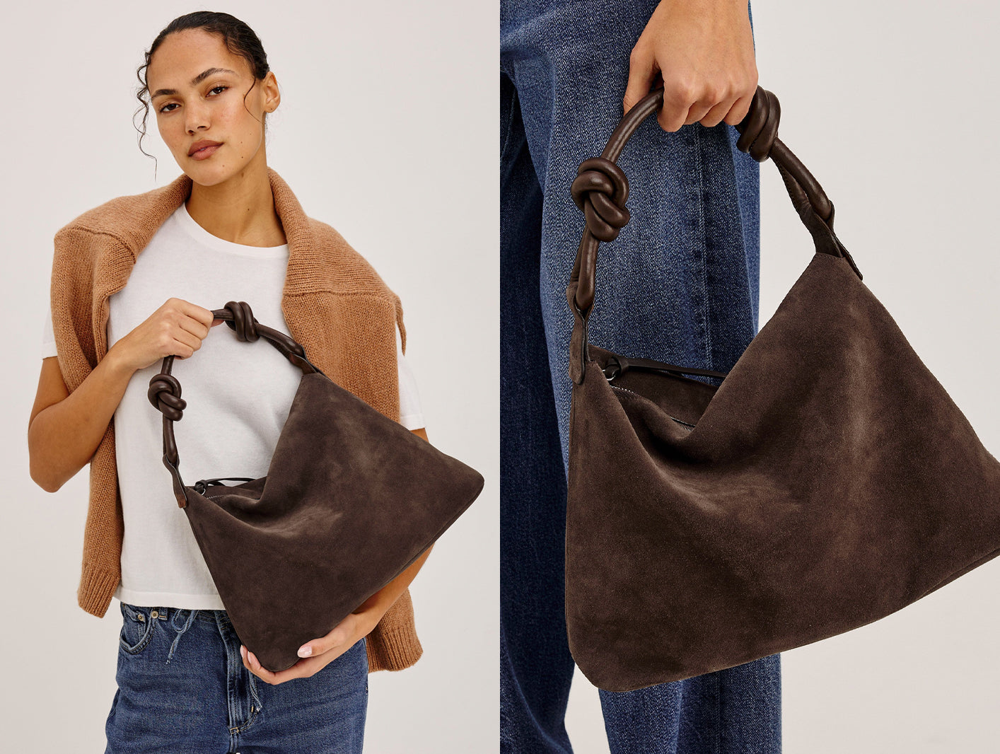 A dark brown suede hobo bag with knotted handles, shown on a model wearing a tan cardigan, white t-shirt, and blue jeans, alongside a close-up of the bag being held.