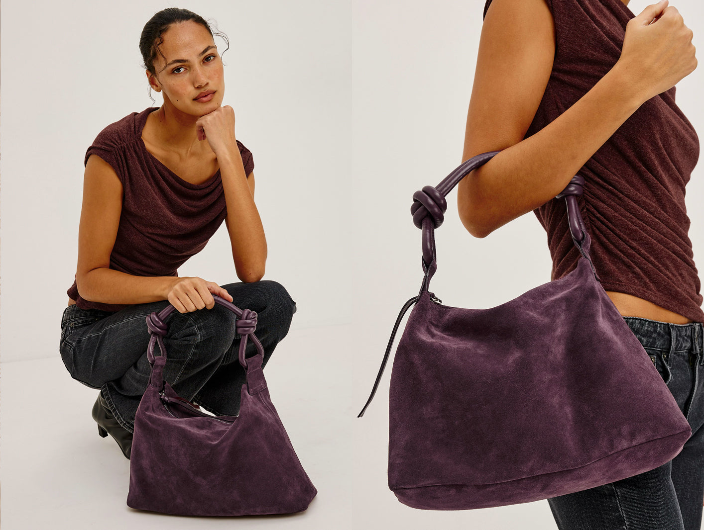A woman models a large, deep purple suede hobo bag with knotted handles in a studio setting, shown in both a full-body pose and a close-up of the bag.