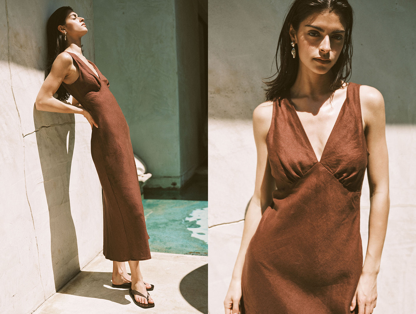 Woman wearing a brown-colored dress standing by a poolside.