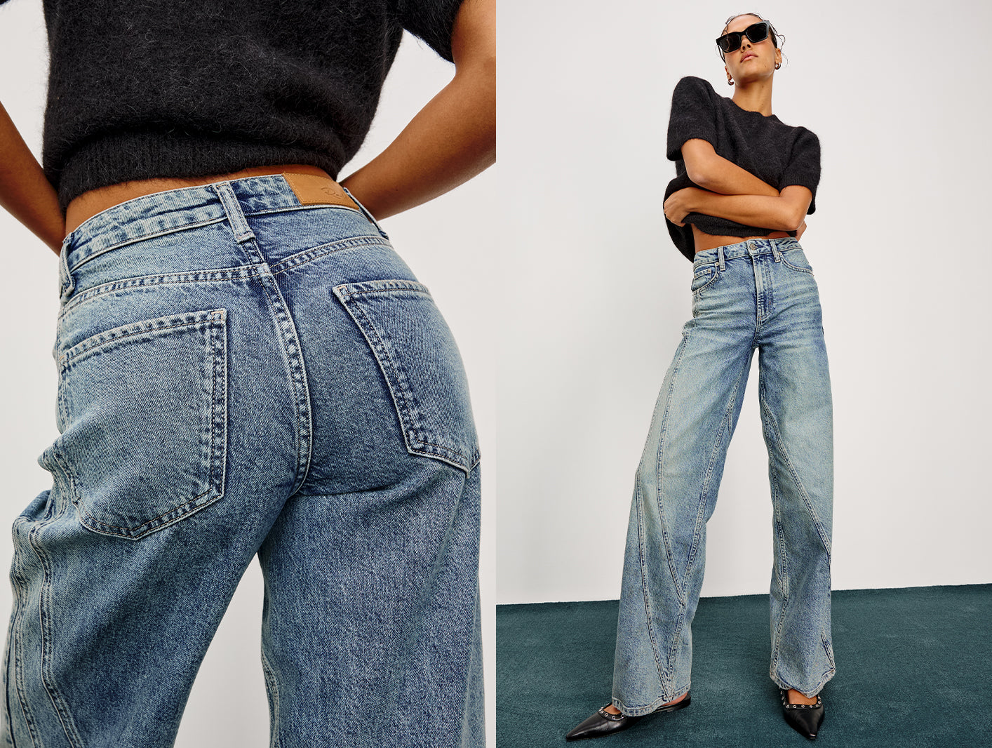 Person wearing blue jeans with a plain background