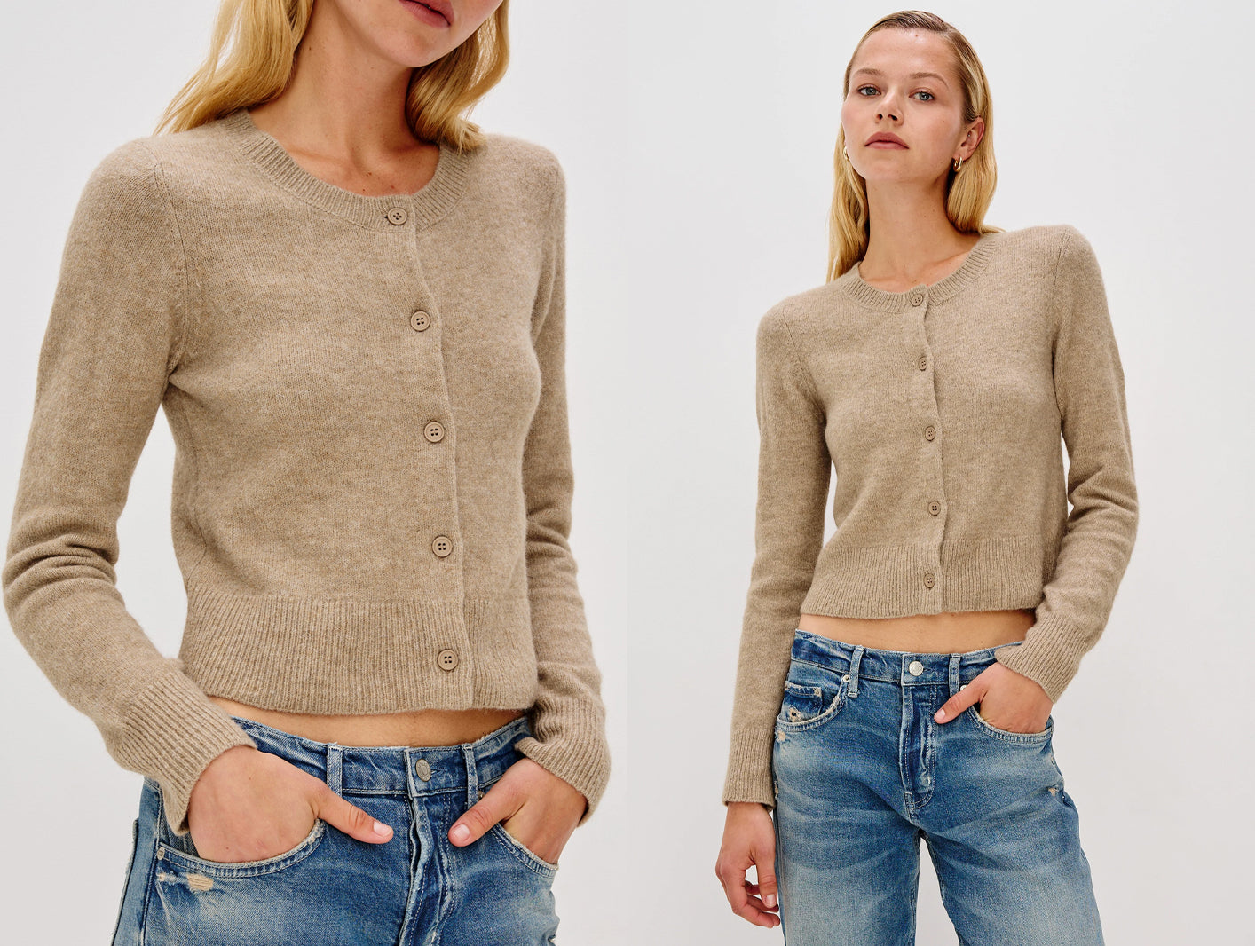 A model wearing a cropped, long-sleeve beige knit cardigan with buttons, paired with blue jeans, shown in a split-screen view against a plain light background.