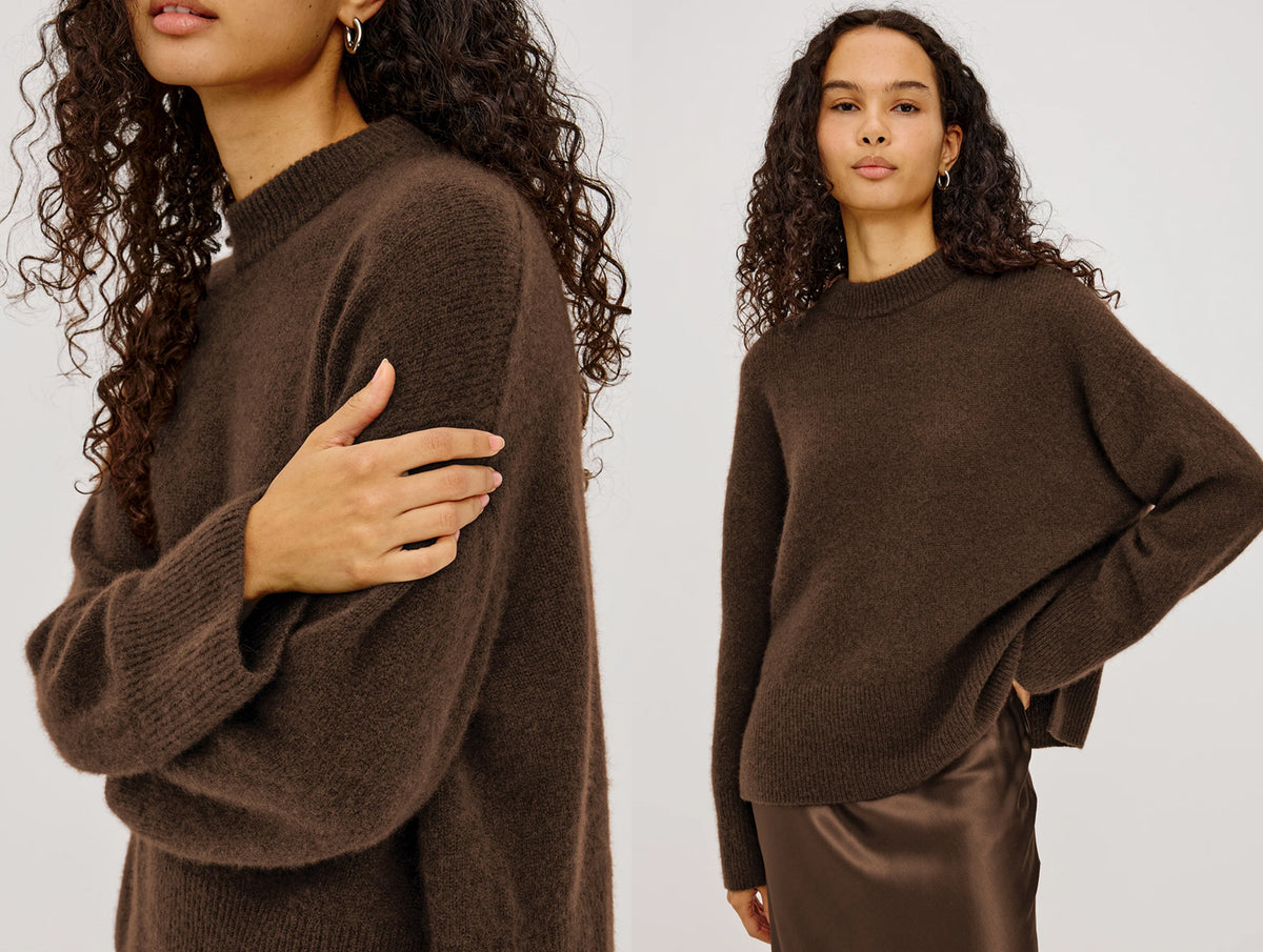 A model wearing a dark brown knit sweater, shown in a split view with a close-up on the left and a full-body view on the right against a light gray background.