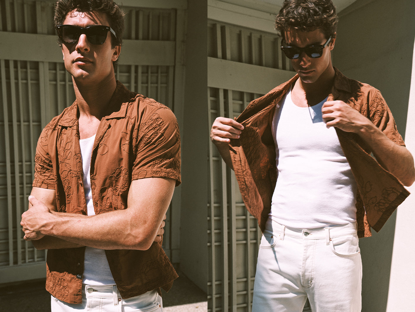 Man wearing a brown button down shirt with a white tank and white pants