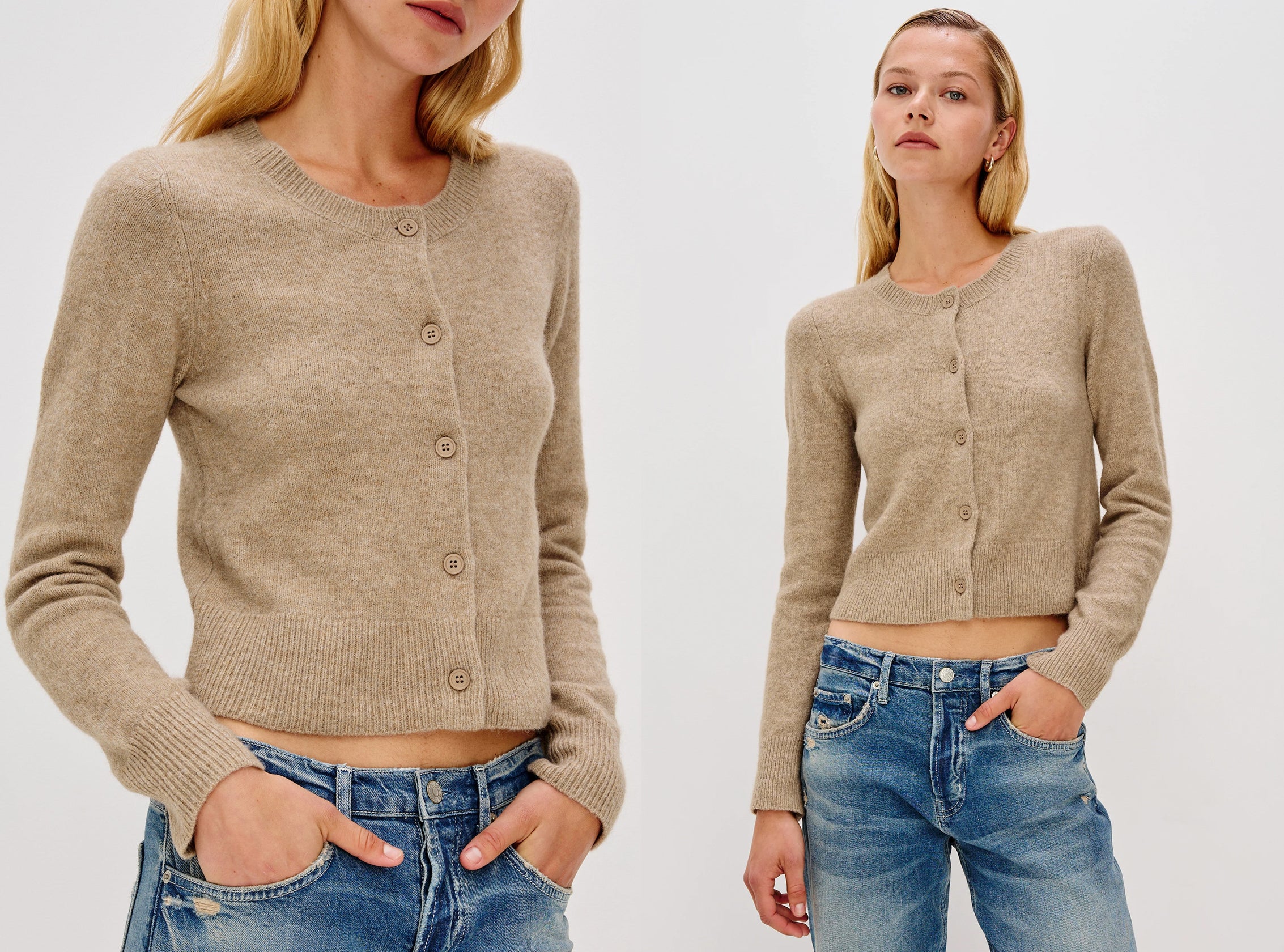 A model wearing a cropped, long-sleeve beige knit cardigan with buttons, paired with blue jeans, shown in a split-screen view against a plain light background.