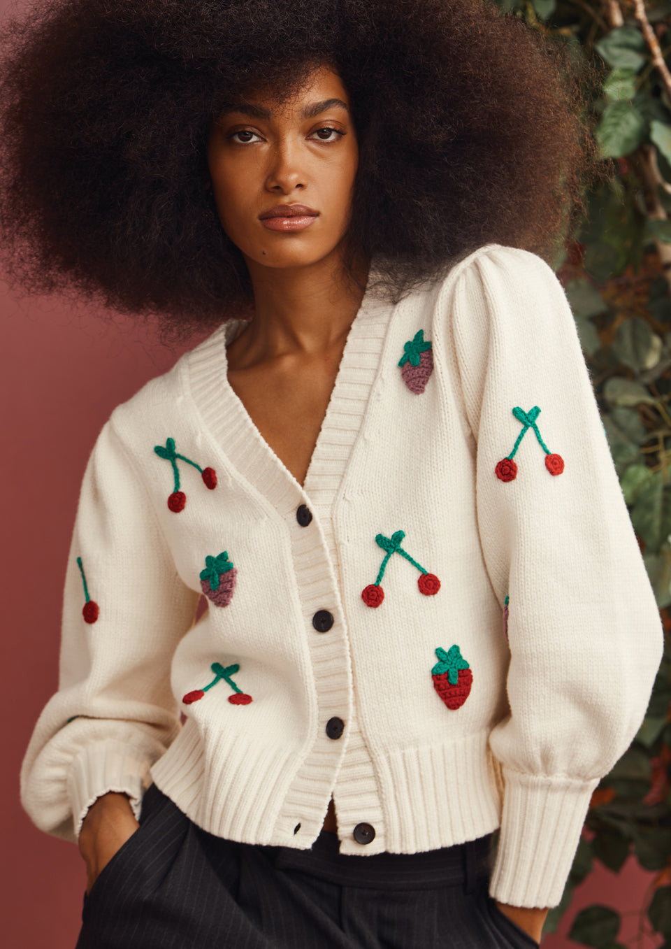 FRONT EDITORIAL IMAGE OF MODEL WEARING ESTHER CARDIGAN