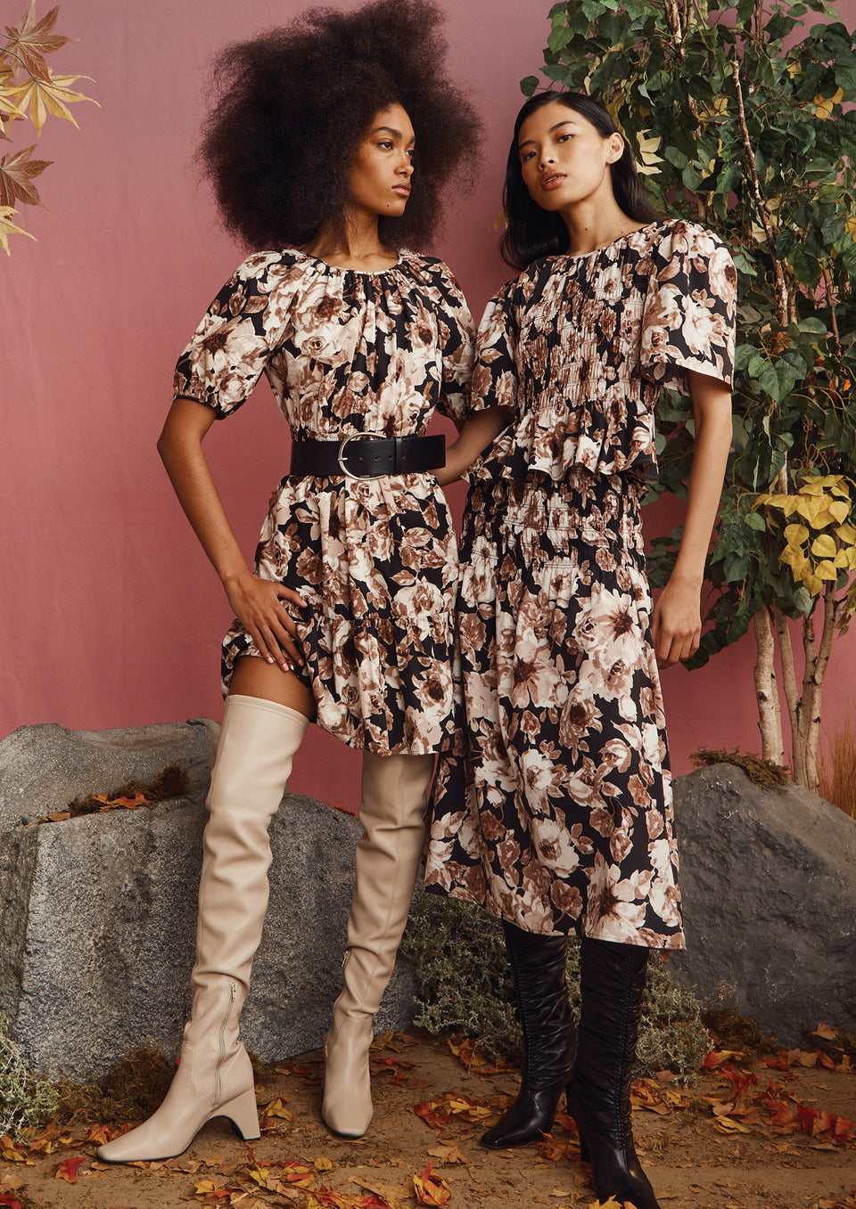 FRONT EDITORIAL IMAGE OF TWO MODELS WEARING KHLOE DRESS AND ROSIE TOP