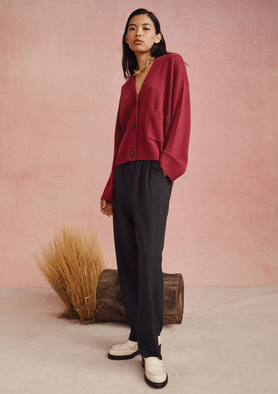 FRONT FULL BODY SHOT OF MODEL WEARING LINDI CARDIGAN AND TAY PANT