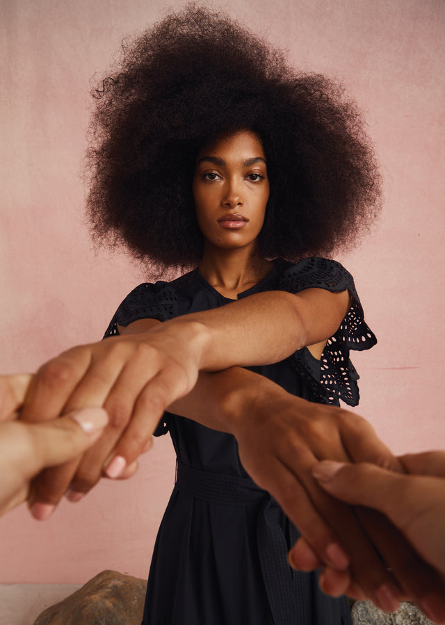 EDITORIAL DETAIL SHOT OF MODEL WEARING GIA DRESS