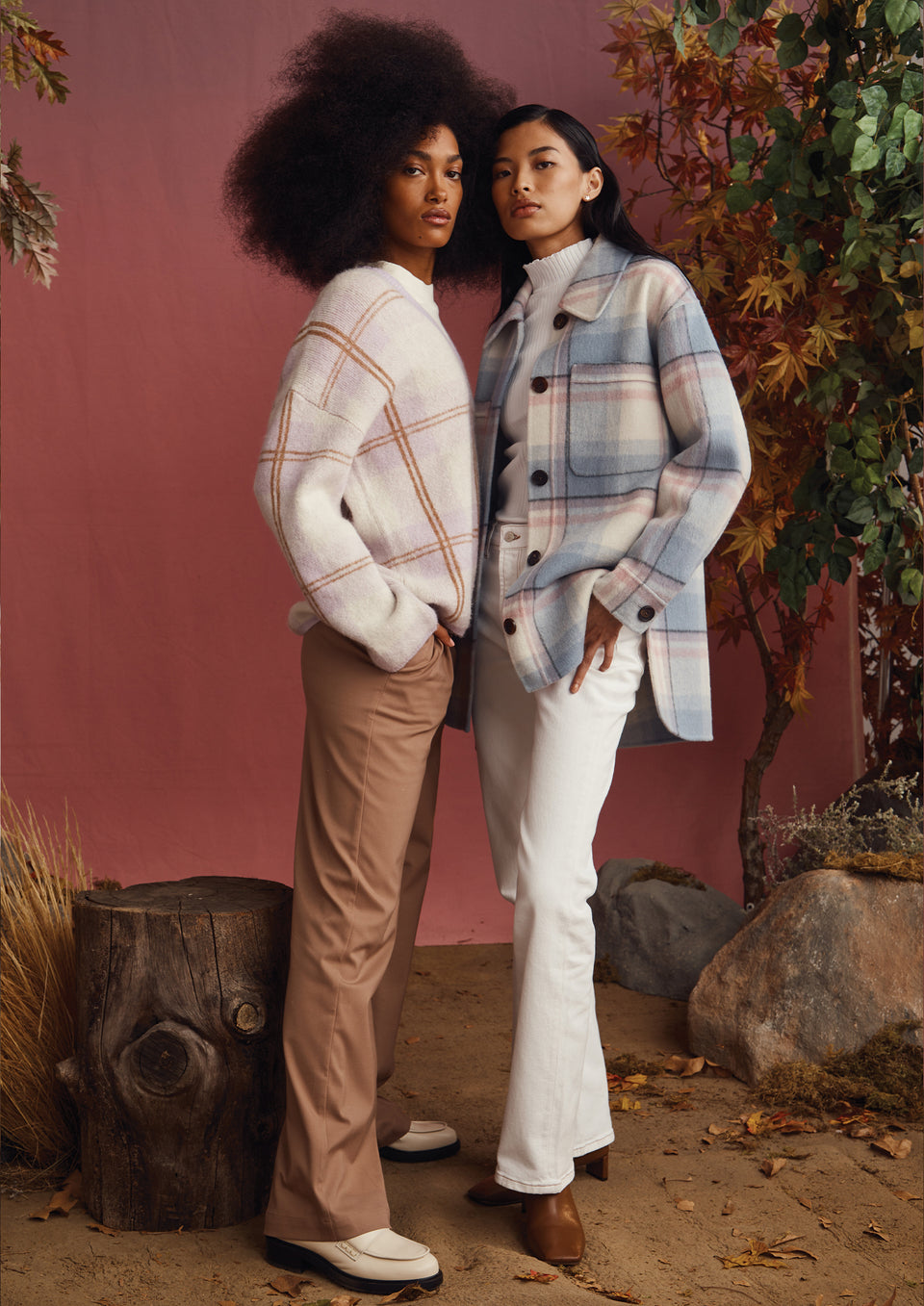 EDITORIAL SIDE IMAGE OF TWO MODELS WEARING COLLEEN SWEATER AND CONNIE SHIRT JACKET