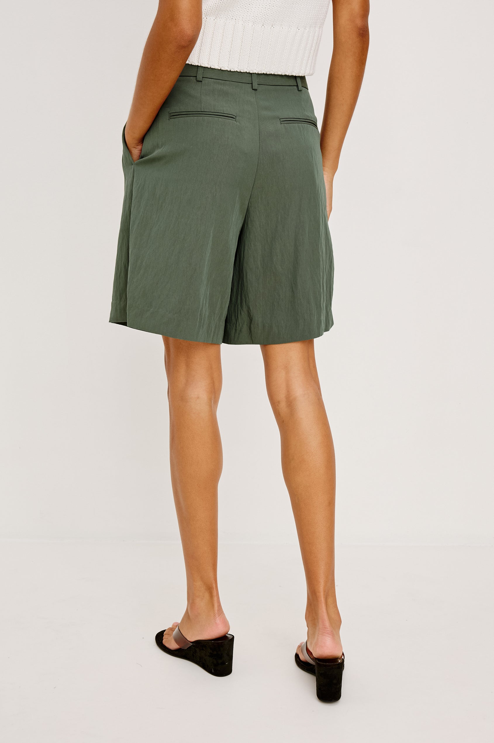 Zamora High-Waist Mid-Length Short With Front Zip Fly Belt Loops and Front Pleats in Ivy Colorway - Lower Body Back View Featured on Model