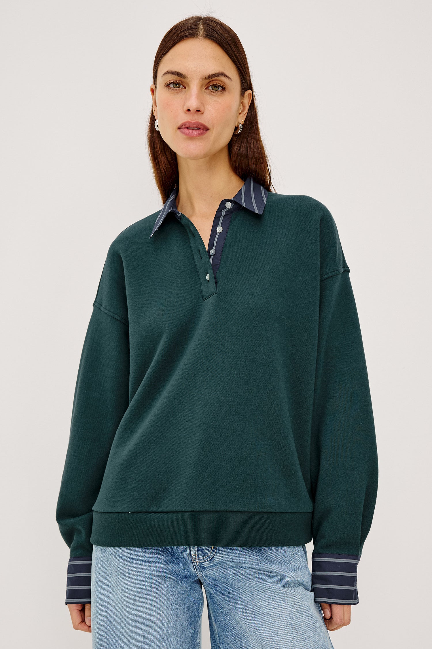 Zavier Sweatershirt in French Terry in Relaxed Slightly Cropped Fit, Contrast Poplin Collar and Cuffs, Quarter-Button Placket, and Ribbed Hem in Forest Colorway - Upper Body Front View Featured on Model