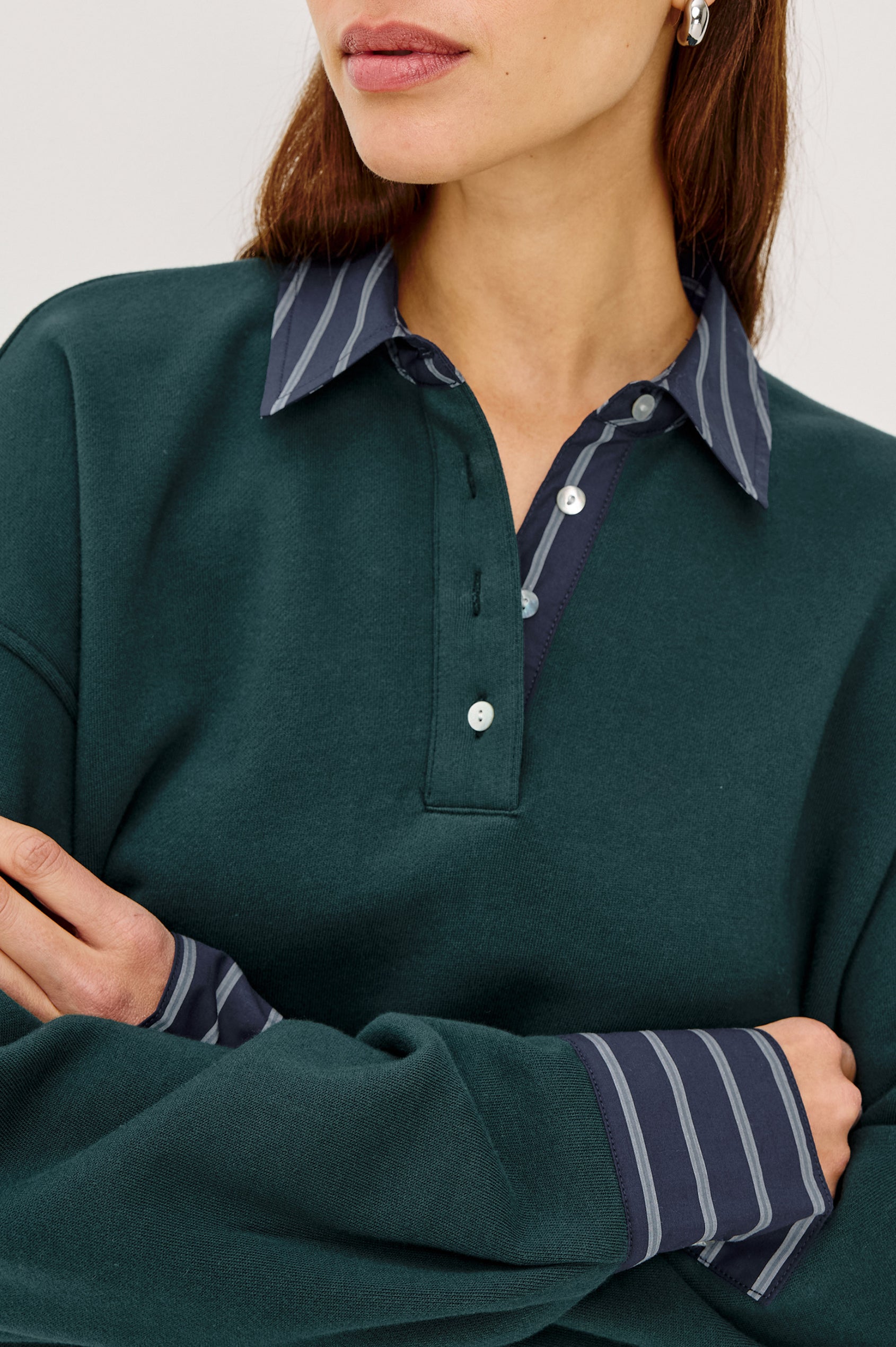 Zavier Sweatershirt in French Terry in Relaxed Slightly Cropped Fit, Contrast Poplin Collar and Cuffs, Quarter-Button Placket, and Ribbed Hem in Forest Colorway - Upper Body Front View Featured on Model