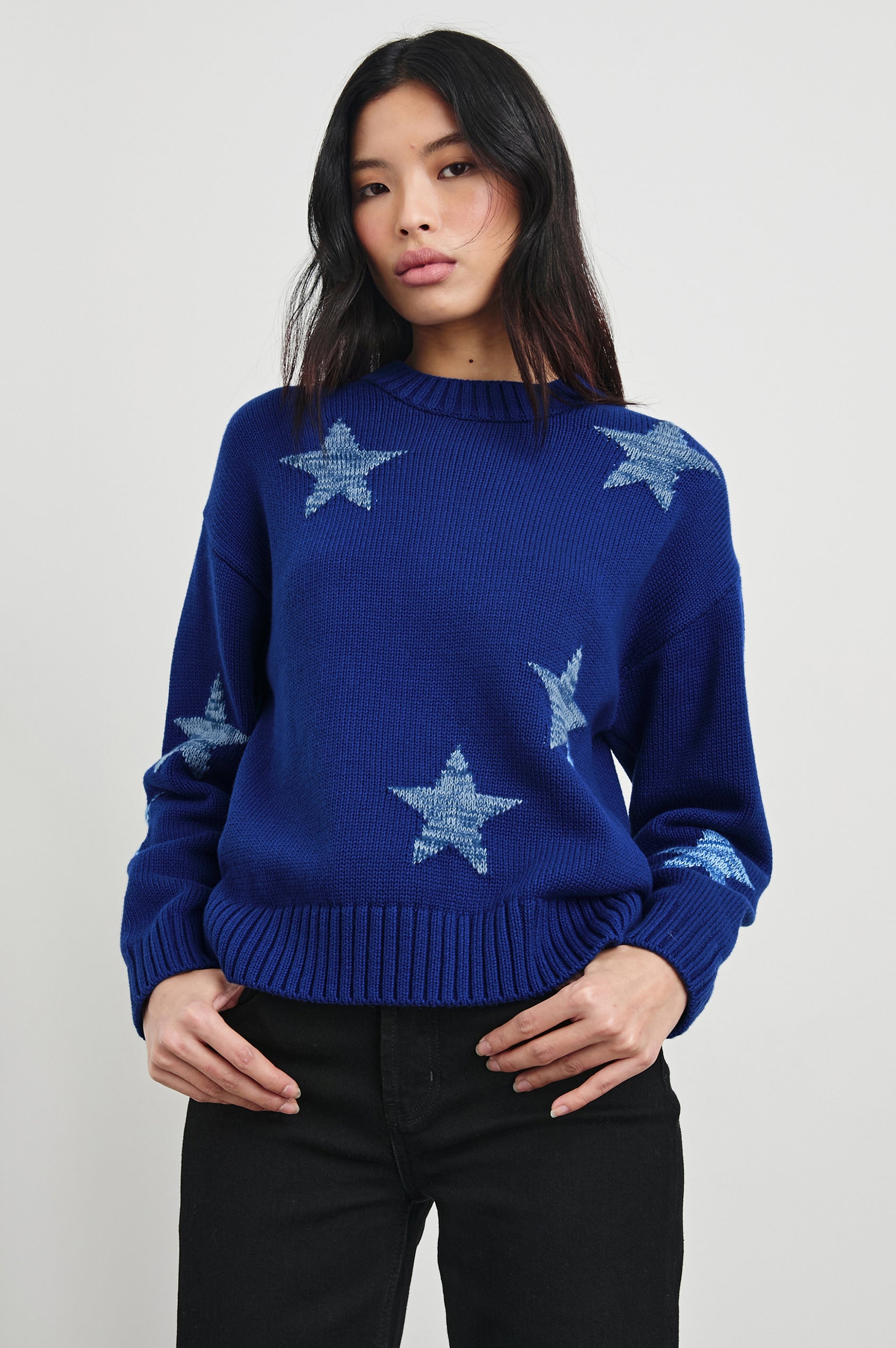 Zoey Long-Sleeve Sweater with Crewneck and Ribbed Trims in Cobalt Galaxy Colorway, with light blue stars on cobalt - Front View Featured on Model