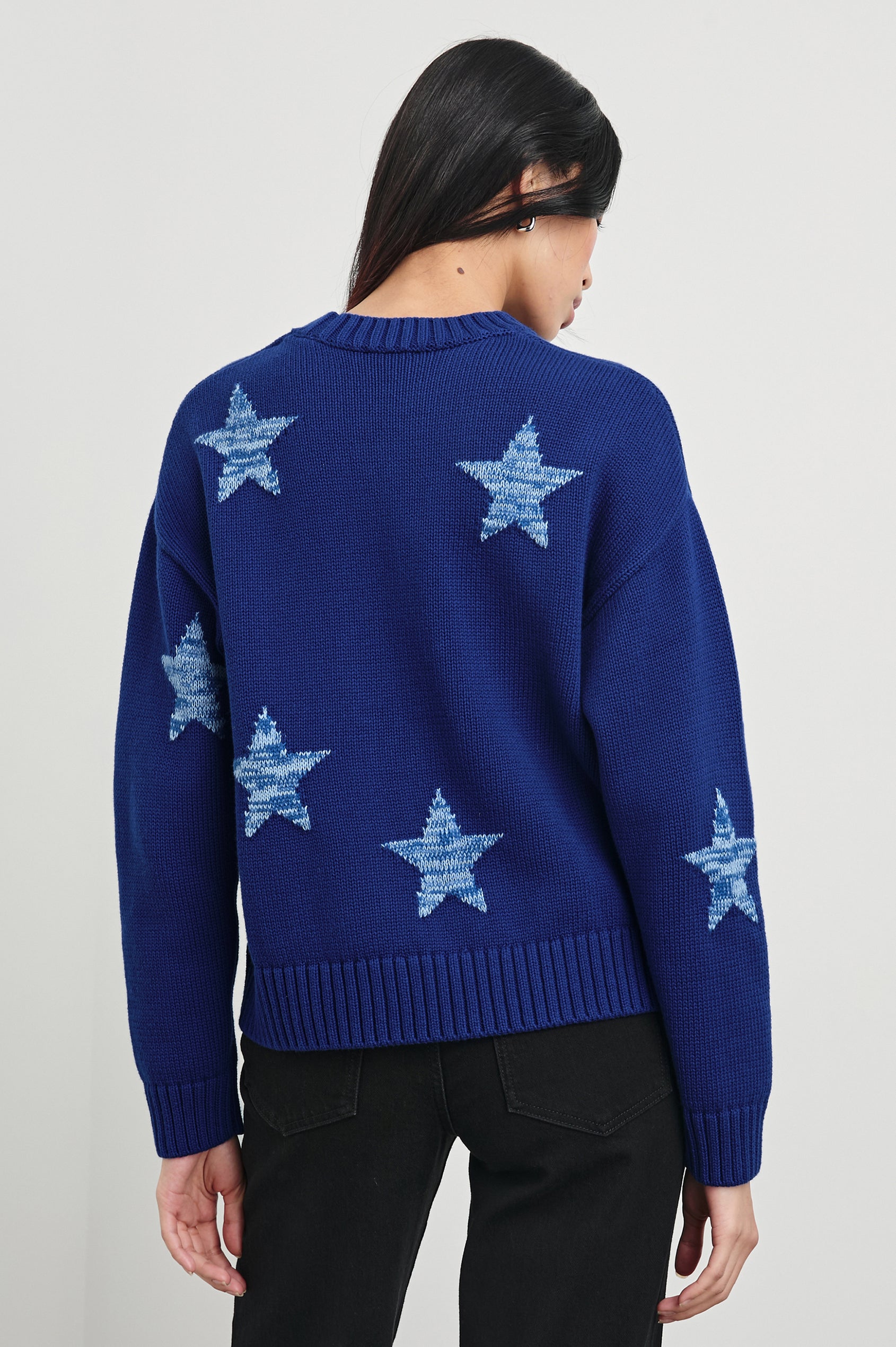 Zoey Long-Sleeve Sweater with Crewneck and Ribbed Trims in Cobalt Galaxy Colorway, with light blue stars on cobalt - Back View Featured on Model