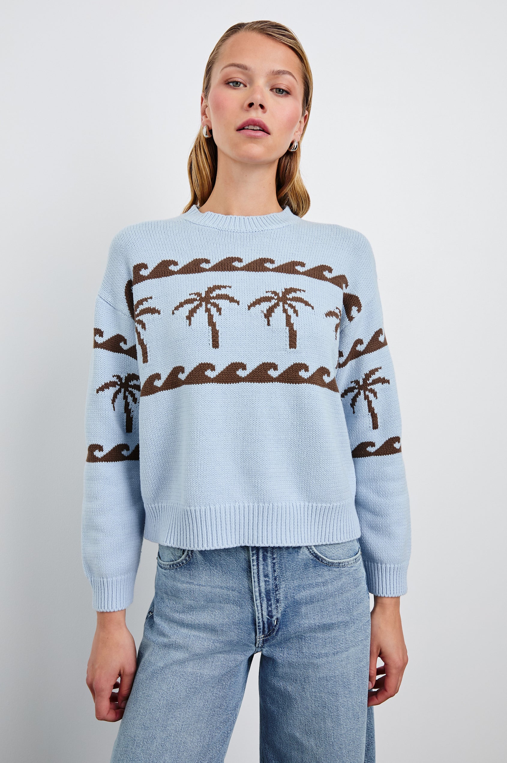 Zoey Long-Sleeve Sweater with Crewneck and Ribbed Trims in Palm Stripe Colorway, a row of brown palm trees bordered by waves on blue  - Front View Featured on Model