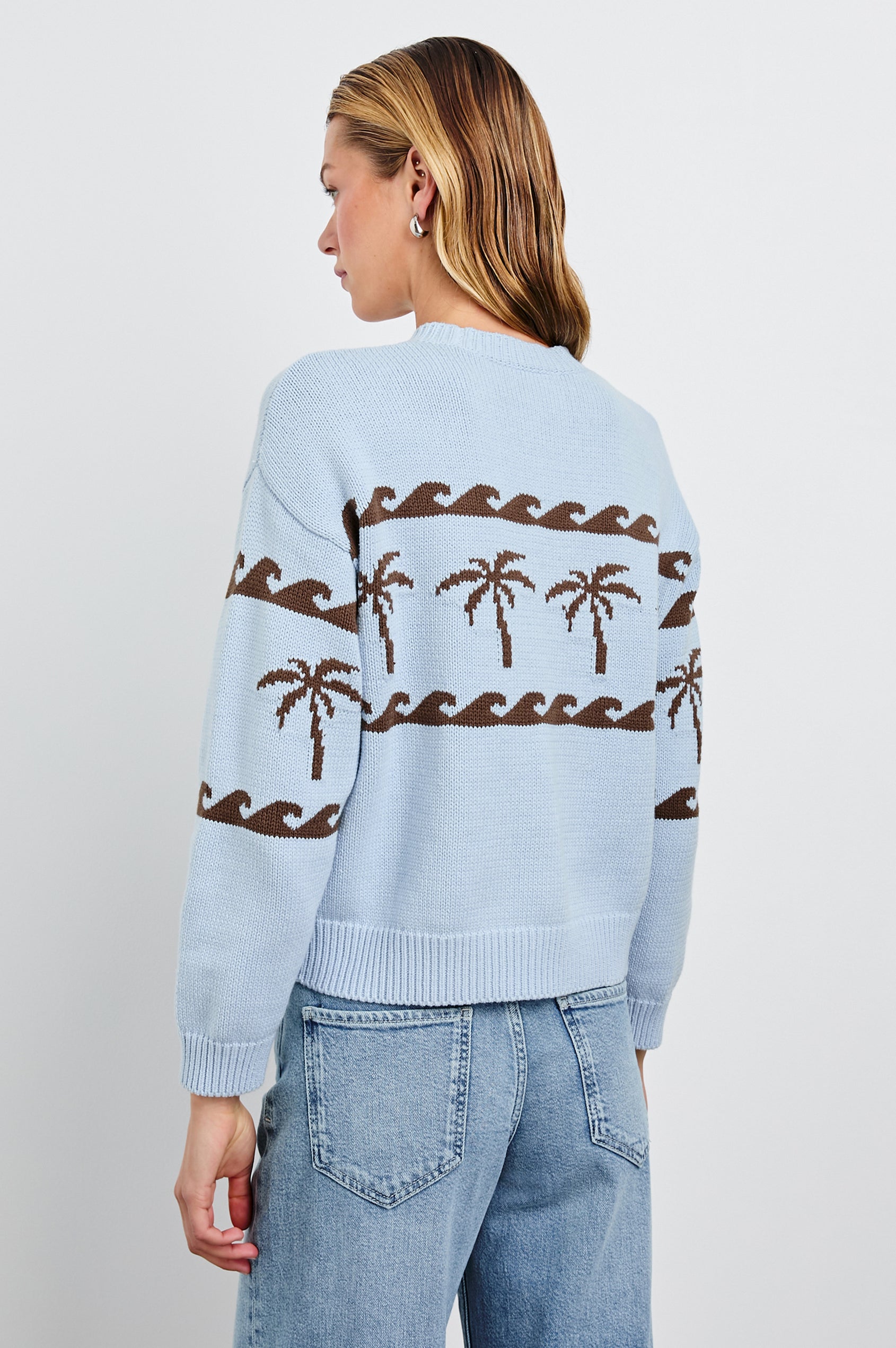 Zoey Long-Sleeve Sweater with Crewneck and Ribbed Trims in Palm Stripe Colorway, a row of brown palm trees bordered by waves on blue  - Back View Featured on Model
