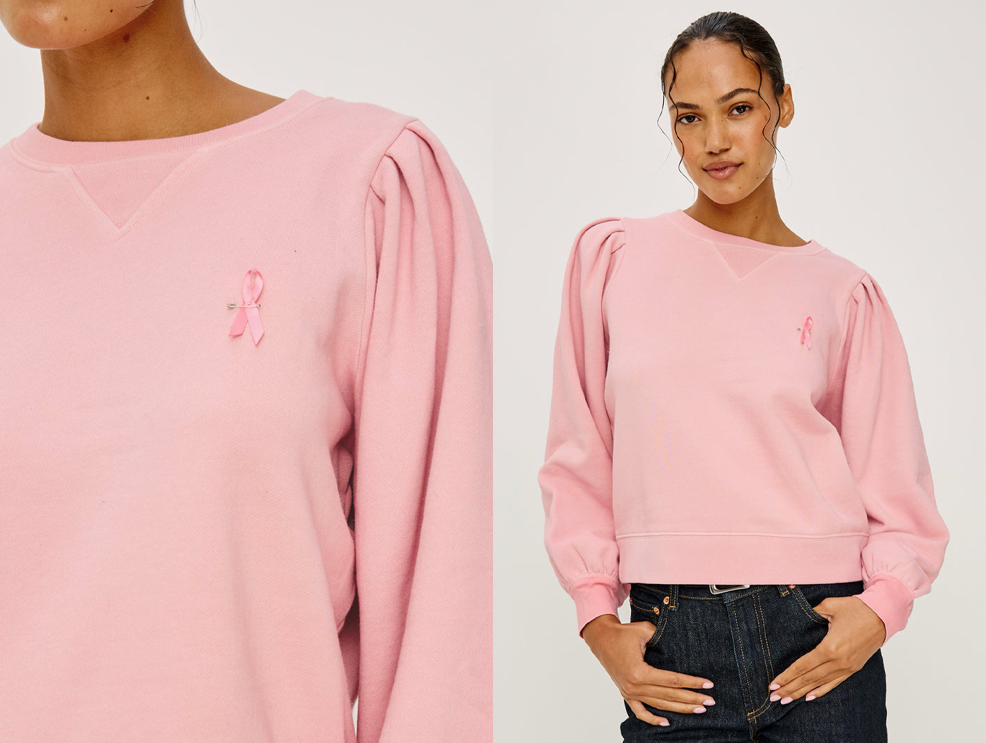 Female model wearing a pink sweatshirt with pink breast cancer awareness ribbon