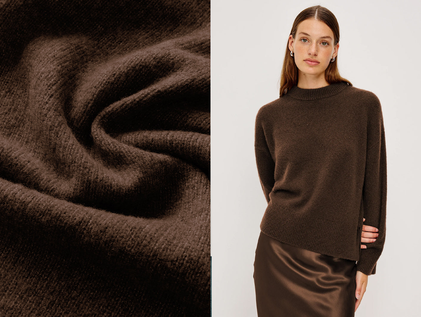 Brown fabric swatch and a women wearing a brown sweater and satin skirt on a white background