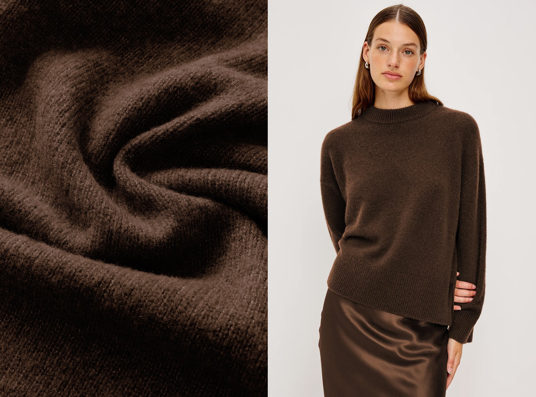 Brown fabric swatch and a women wearing a brown sweater and satin skirt on a white background