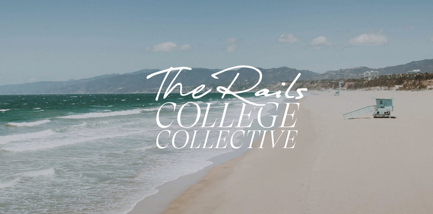 Promotional graphic for "The Rails College Collective" featuring a beach and ocean background.
