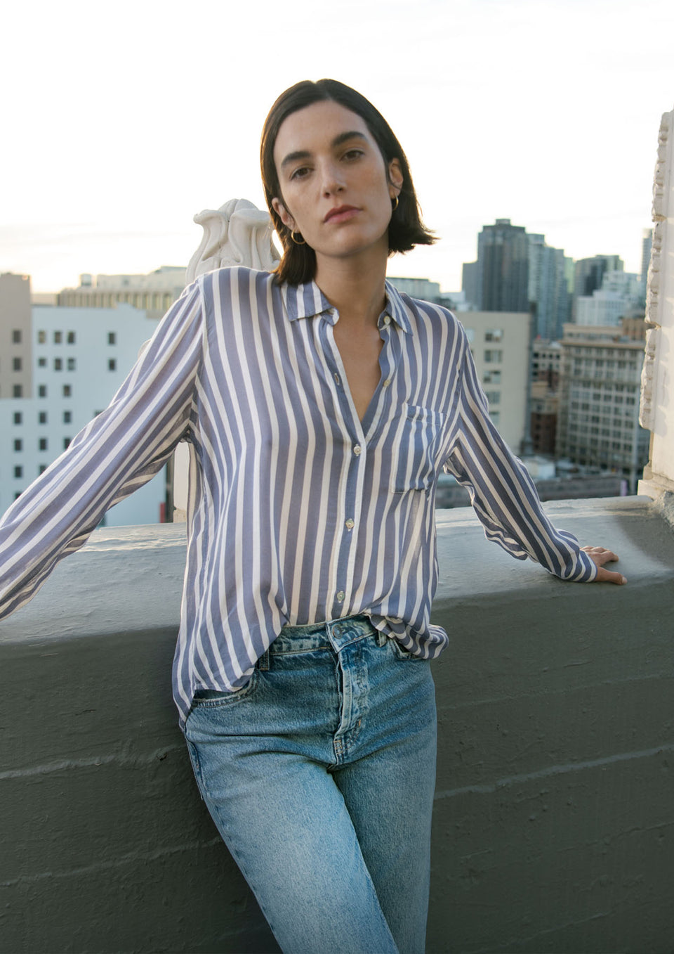 EDITORIAL FRONT SHOT OF MODEL WEARING JOSEPHINE SHIRT IN TURIN STRIPE