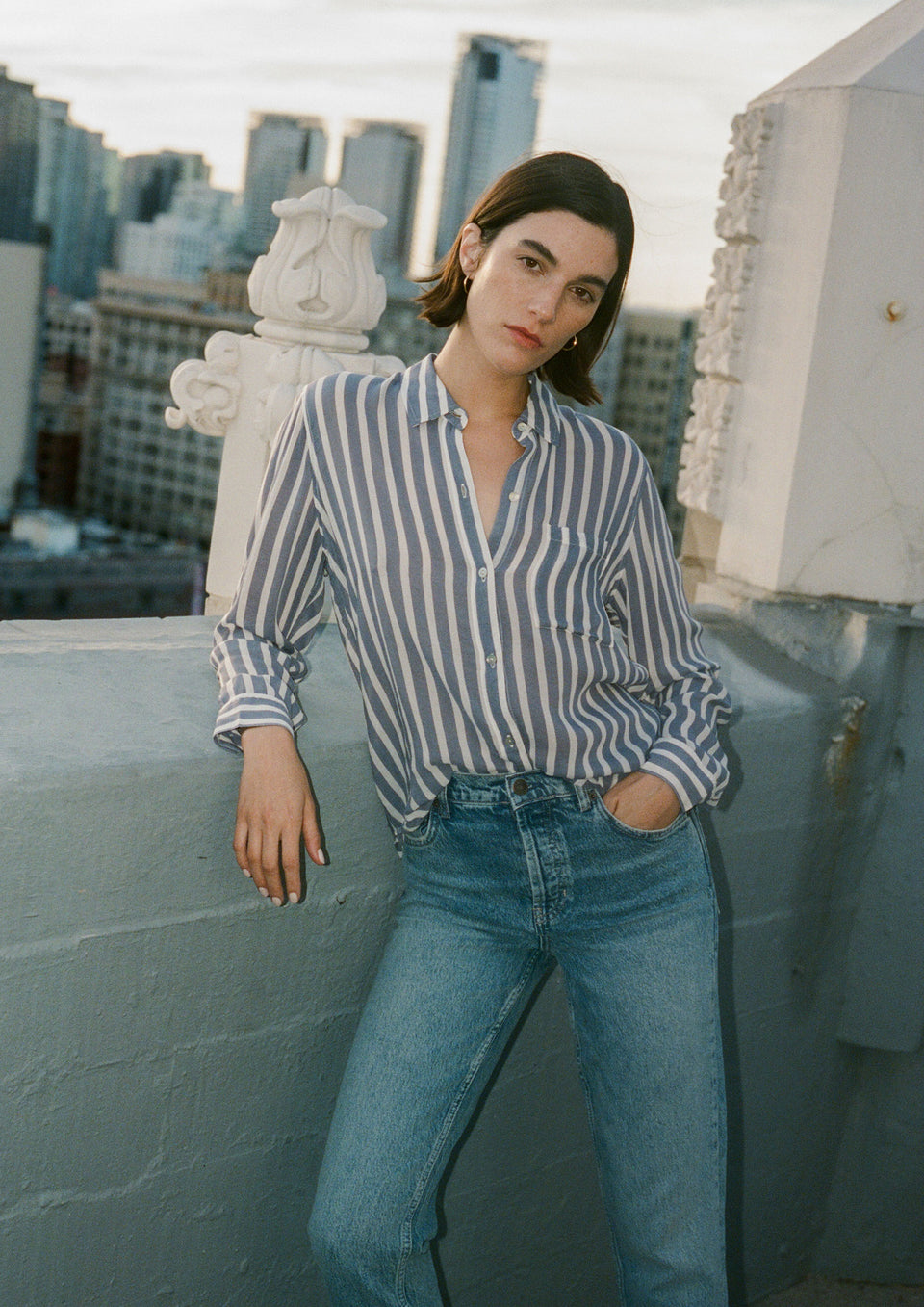 EDITORIAL FRONT SHOT OF MODEL WEARING JOSEPHINE SHIRT IN TURIN STRIPE