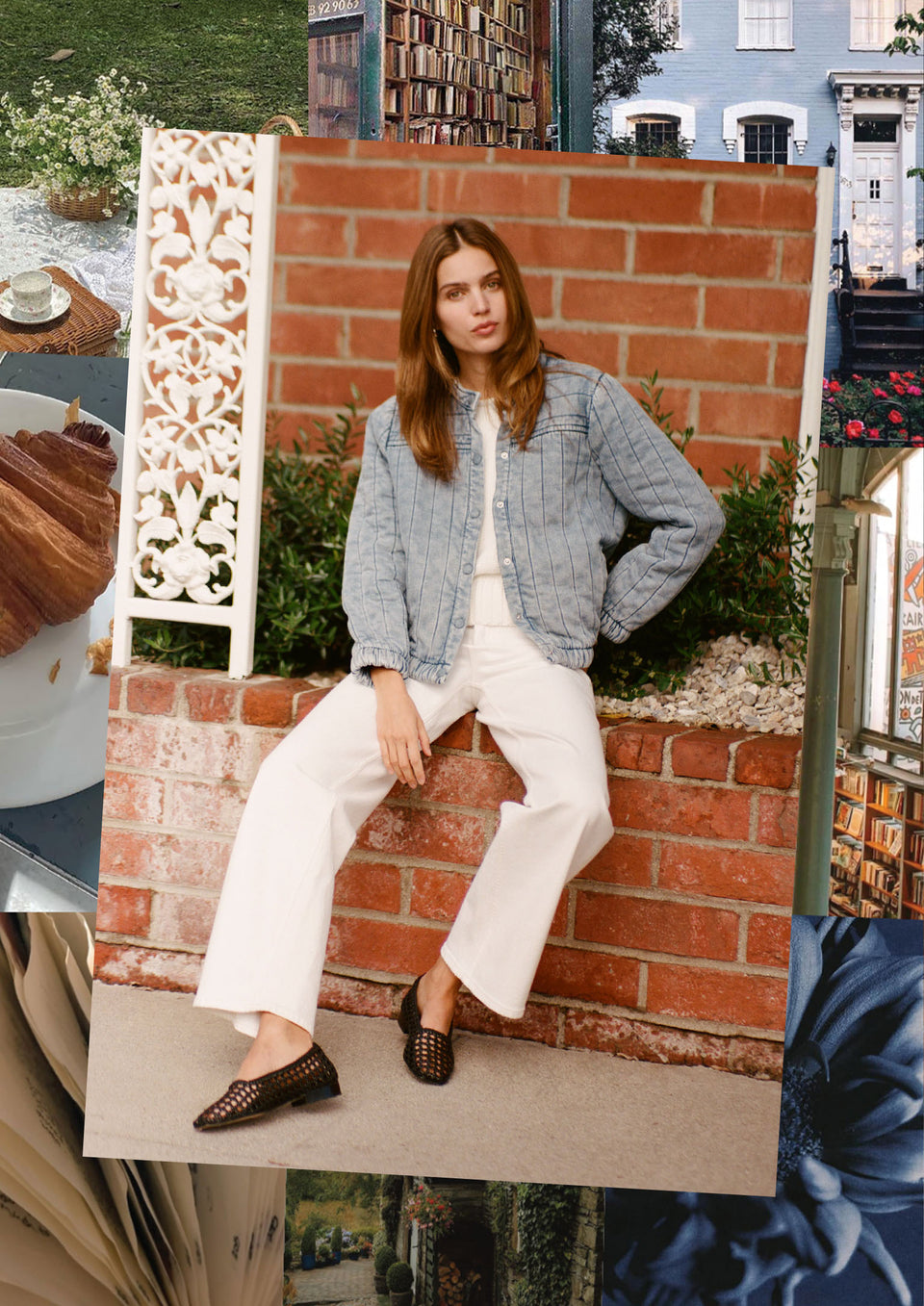 Woman wearing an all white outfit with a denim jacket sitting on a brick wall with a collage of images.