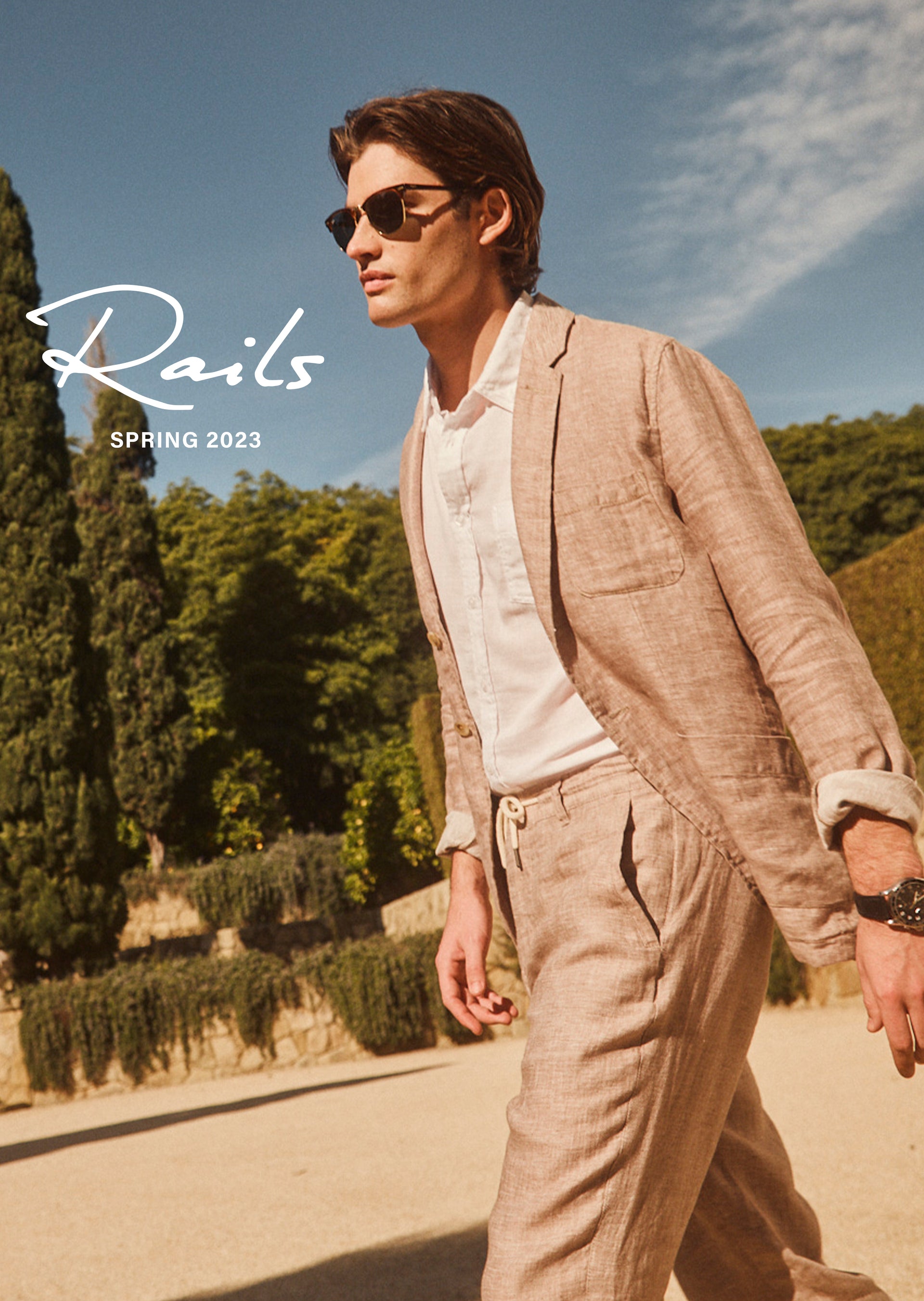 EDITORIAL IMAGE OF MODEL WEARING SORRENTO BLAZER AND MERCER PANT IN BULGUR