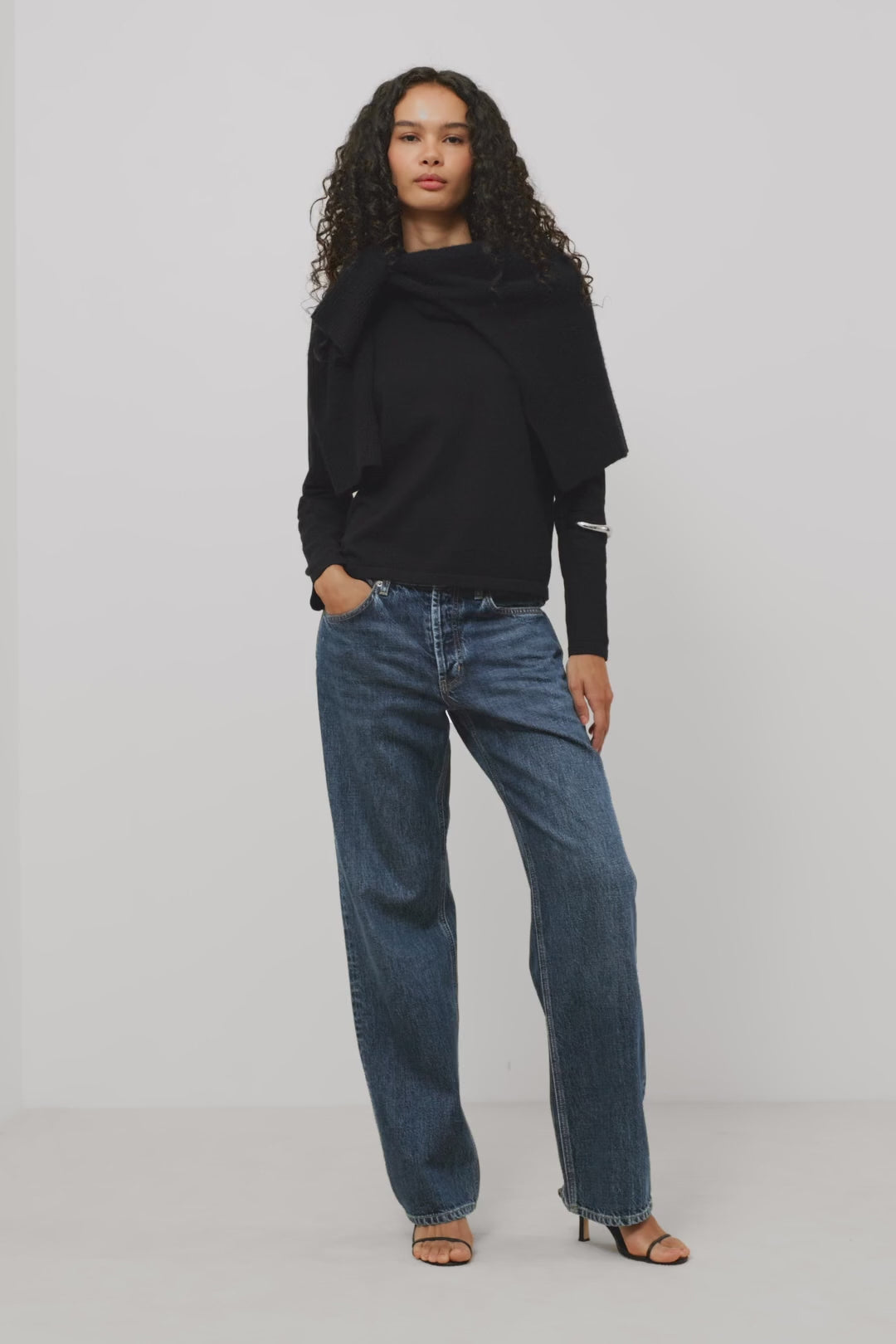 Del Mar Boyfriend Jean in Rigid Drapey Denim With Low-Slung Fit, Wide Relaxed Legs, 5-Pockets, and Button Fly in Upstream Colorway - Video - Full Body Front View Featured on Model