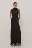 Cosmos Dress in Checkerboard Devoré With Mock Neck, Sleeveless Silhouette, and Ruched Waist in Black Checkerboard Colorway - Full Body View Featured on Model Moving (Video).