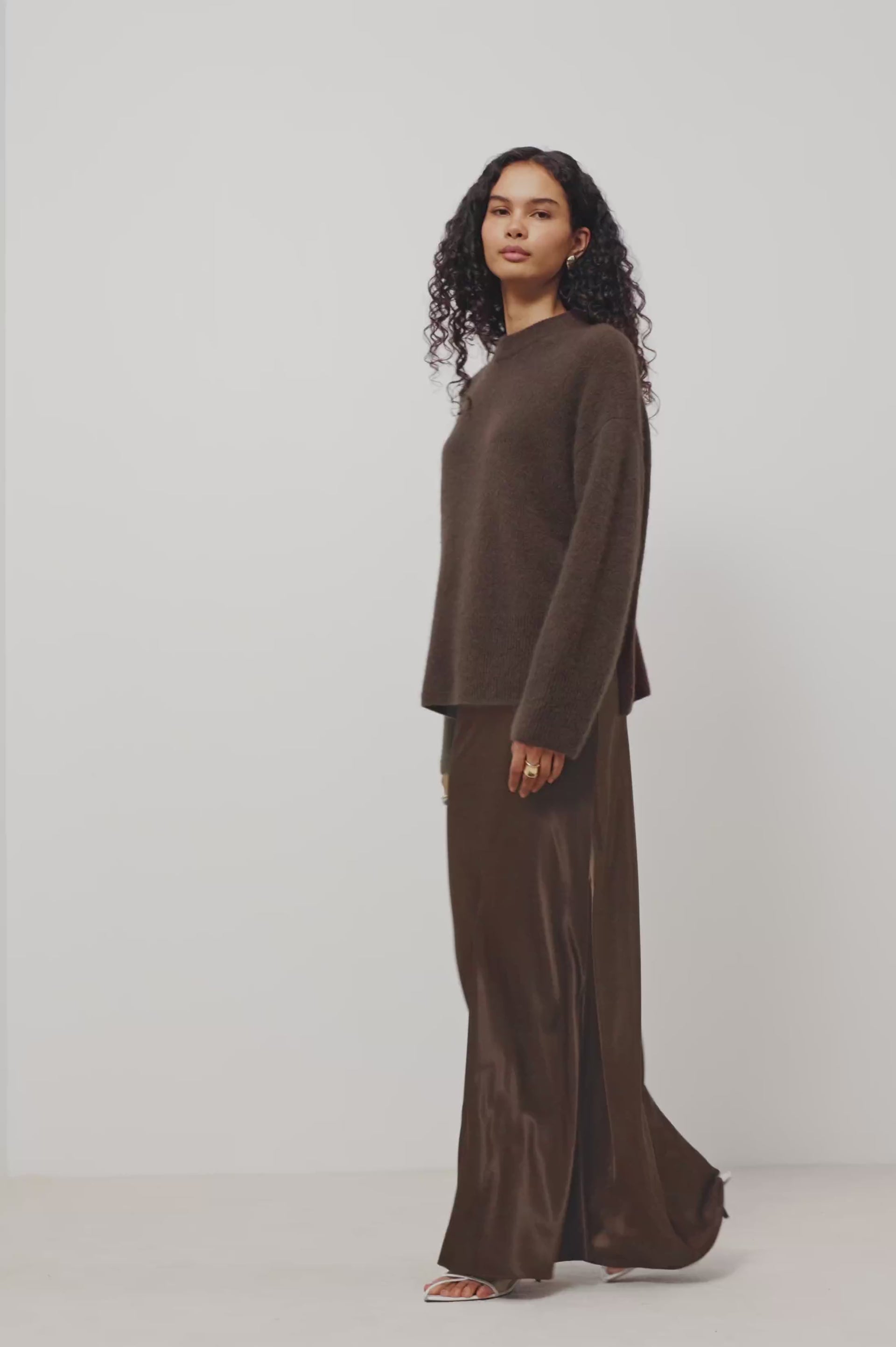 Romina Maxi Skirt Bias Cut in Satin-Back Crepe With Elastic High Waist in Espresso Colorway - Video - Full Body Front View Featured on Model