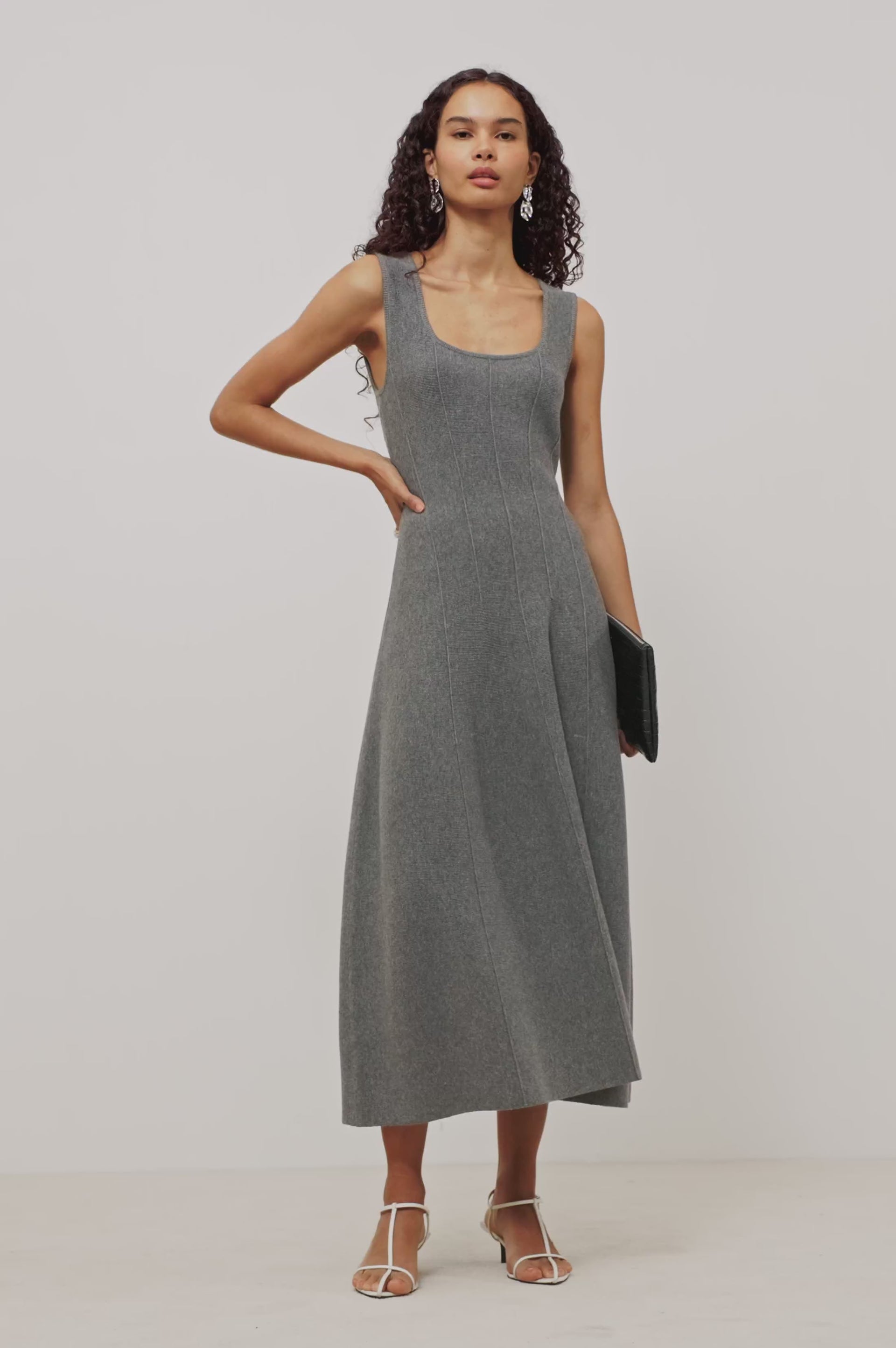 Angelica Maxi Dress in Soft Wool Blend With Fitted Bodice, Scoop Neck, Paneled Seams, and A-Line Sweep Skirt in Heather Grey Colorway - Video - Full Body Front View Featured on Model Stylized