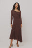 Cambria Midi Dress in Semi-Sheer Stretch Mesh With Velvet Polka Dots, Self-Lined Body, Asymmetric Cowl Neckline, Ruched Side Waist, and Softly Flared Skirt in Chocolate Polka Dot Colorway - Full Body Front View Featured on Model - Video